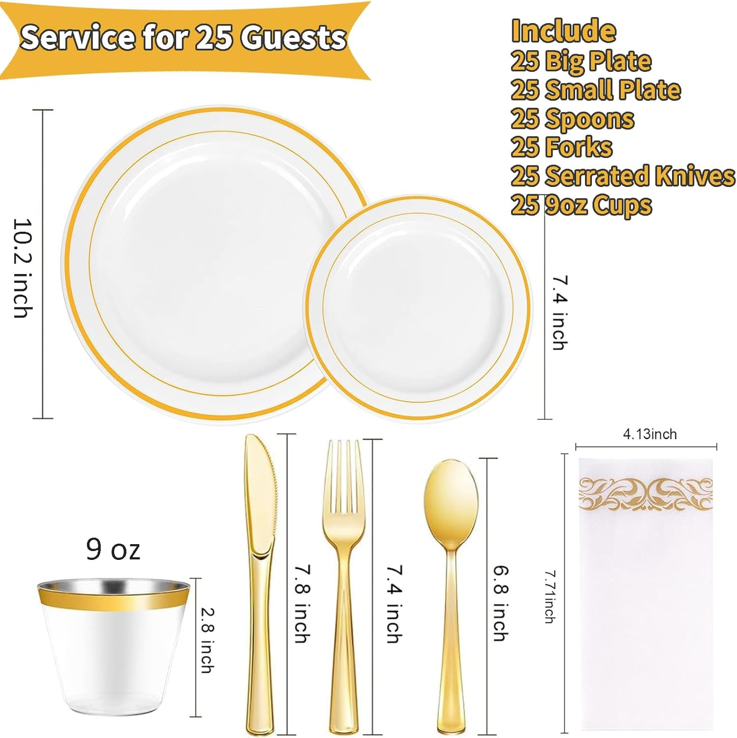 175 Pieces Gold Dinnerware Set for 25 Guests, Party Plate Sets White Plates with Gold Lace Rim Design, Including 25 Reusable Dinner Plates, Dessert Plates, Silverware Set, Cups and Napkins image number 3