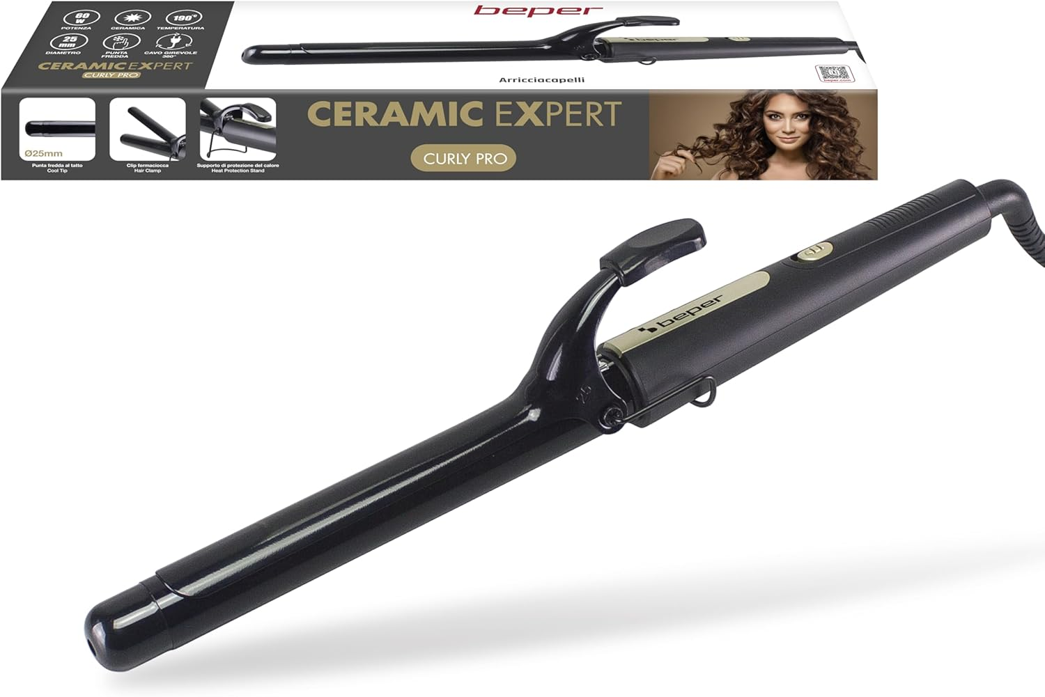 BEPER P301PIS002 25Mm Ceramic Curling Iron for Soft Curls and Perfect Waves, Fast Heat up to 190&deg;C, 360&deg; Rotating Cable, Cold Tip