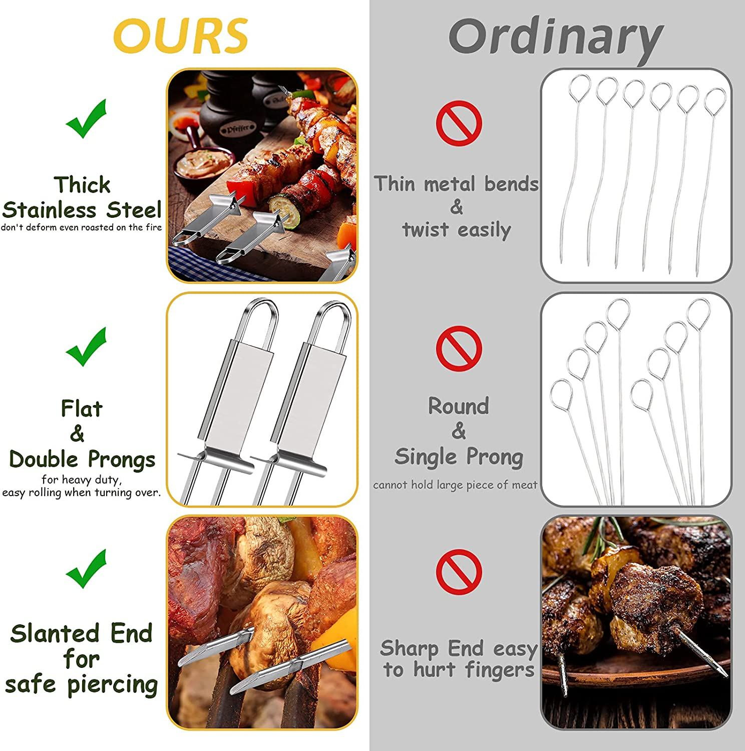 Lallisa Kabob Skewer for Grilling Metal Stainless Steel BBQ Skewer Stick with Push Bar Reusable Double Pronged Kebab Skewer Tool Quick Release Meat Chicken Vegetable and Fruit for Father (12 Pieces) image number 2