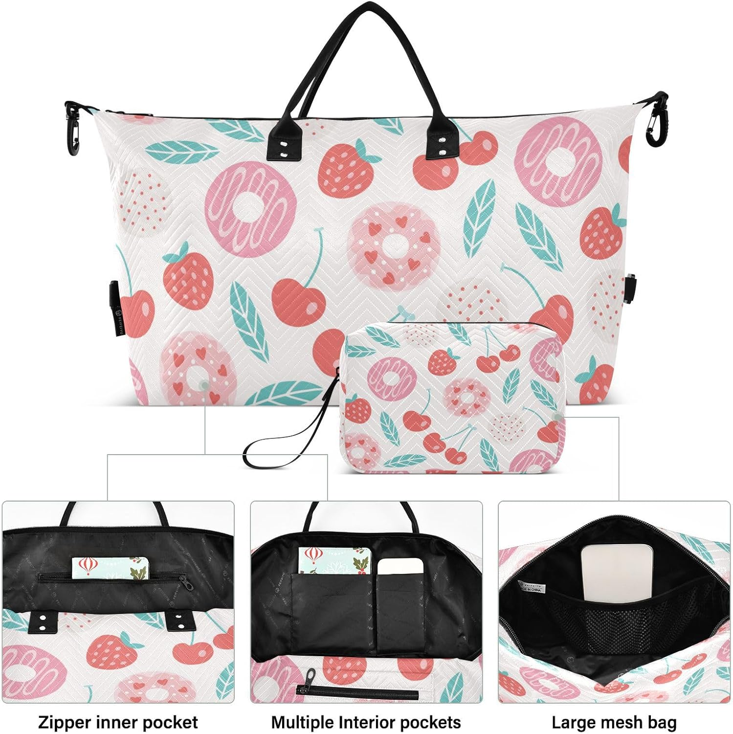 Large Bag Travel Weekender Gear Bag Food Donut Cherry Red Sports Duffel Bags with Adjustable Strap for Travel 2, Food Donut Cherry Red, Set of 2, Art Deco image number 6