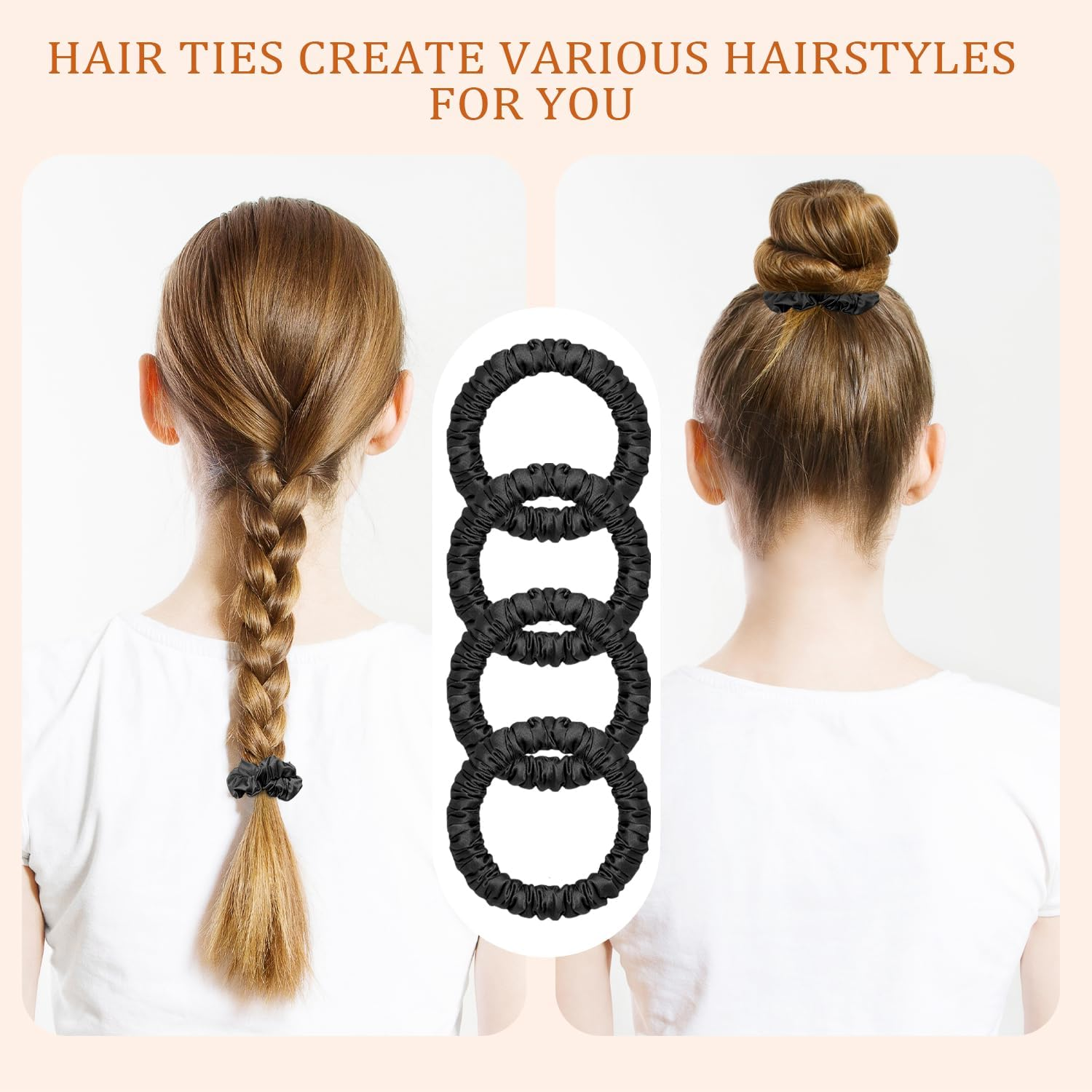 4 Pcs Silk Scrunchies | Silk Hair Ties | Satin Scrunchies | Elastic Hair Bands | Hair Bobbles | Hair Scrunchies for Women | Hair Ties No Damage | 4 Pcs Black Hair Ties image number 5