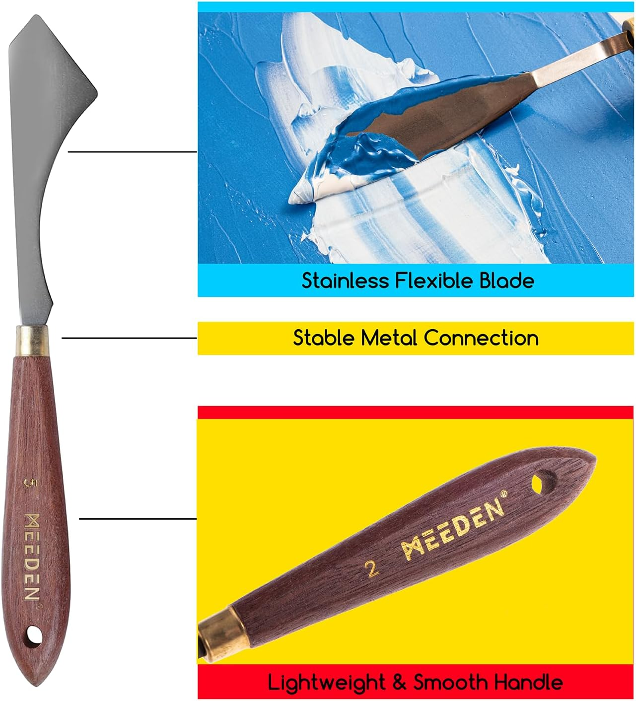 MEEDEN 5 Pieces Painting Knife Set, Versatile Stainless Steel Spatula Palette Knife, Oil Painting Supplies Mixing Scraper for Oil, Paint Color Mixing, Acrylic Painting image number 6