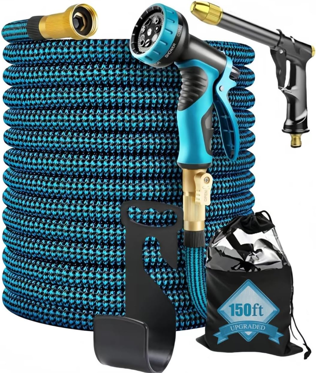 Cyperever 150Ft Expandable Garden Hose with 10-Pattern Nozzle High-Pressure Black Spray Gun, 3/4" Brass Connector & Storage Bag, Retractable Water Hose High Pressure for Car Wash Lawn Watering (Blue) image number 6