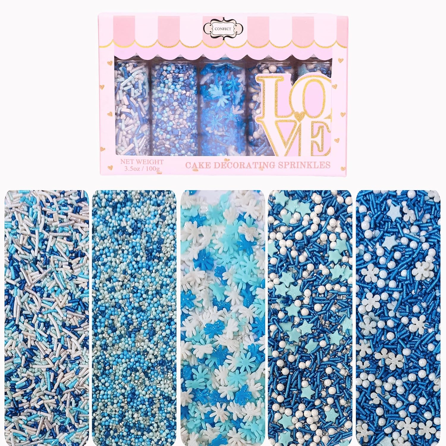 Confect Christmas Sprinkles | Mix Pearl, Blue Pearls & Jimmies Sprinkles | Snowflake Sprinkles | Frozen Sprinkles | White Pearls Sprinkles | Christmas Jimmies Sprinkles &ndash; 100Gms image number 3