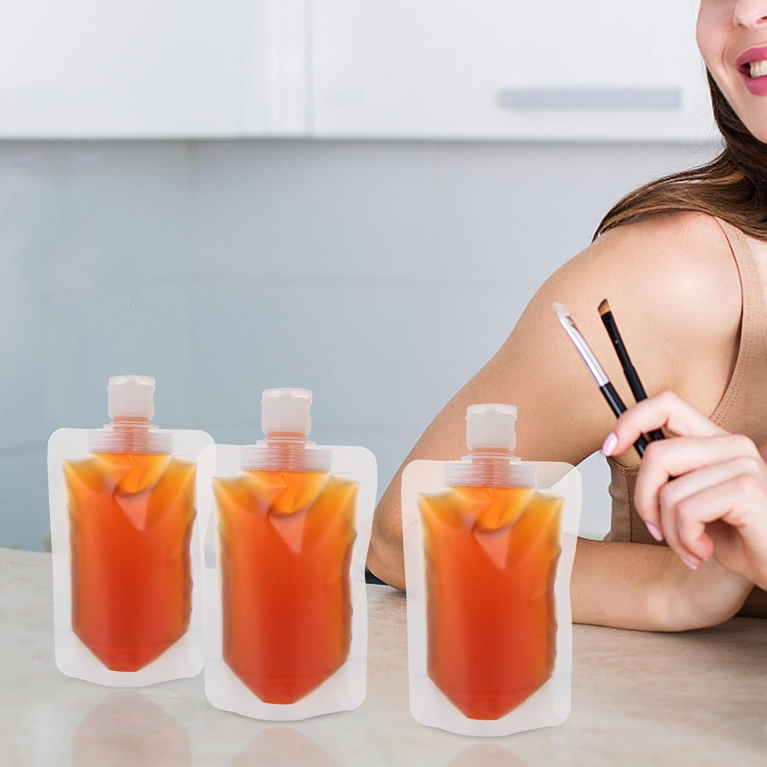 GALPADA 12Pcs 100ML Leakproof Travel Lotion Pouches with Flip Cap, Portable Refillable Squeezable Cosmetic Containers for Toiletries and Shampoo, White Self-Standing Bags for Travel And image number 5