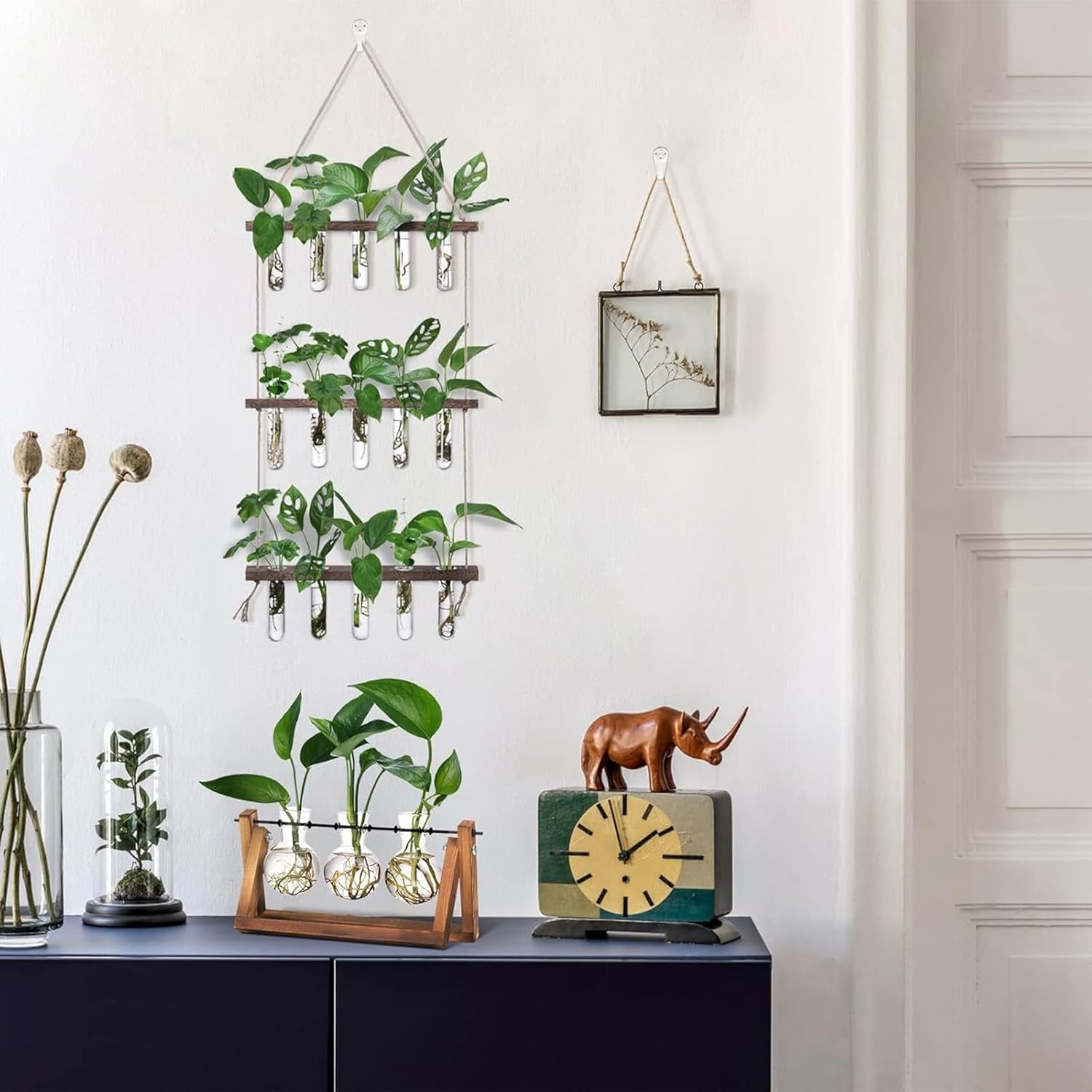 Wall Hanging Propagation Station with Wooden Stand, 5 Glass Test Tubes, 3-Tiered Planters, Wall Terrarium for Home or Office, Hydroponic Cuttings, Plant Hanger, Flower Vases Wall Decor