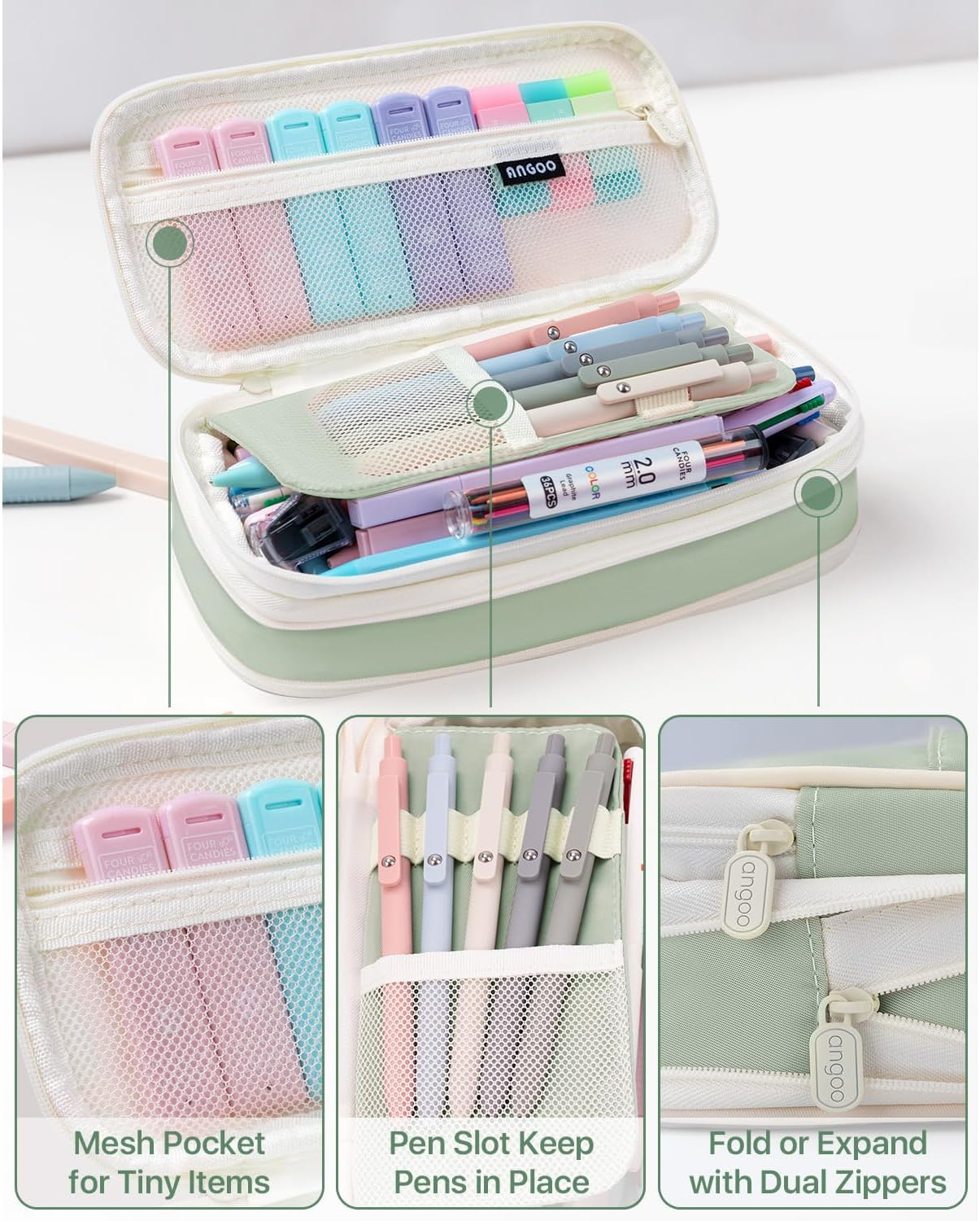 Four Candies 56 PCS Aesthetic School Supplies with Large Pencil Case, 6 Colored Ballpoint Pens, 12 Pastel Highlighters, 5 Black Ink Gel Pens, 9 Mechanical Pencils 0.5-2.0Mm Student Essentials (Green) image number 3