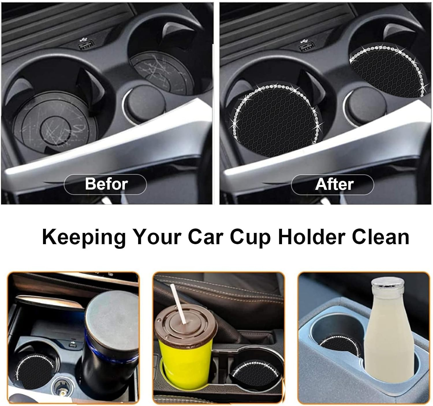 Car Cup Coaster, Universal Bling Crystal Rhinestone Car Cup Insert Coaster, 2.75 Inch Anti-Slip Shockproof Cup Mat, Auto Drink Pad Car Interior Accessories for Women Men (Black)