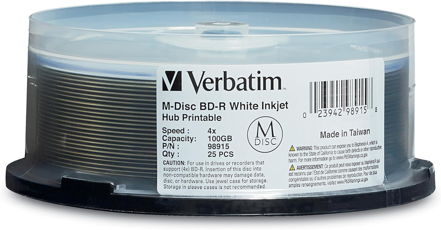 Verbatim M DISC BDXL 100GB 4X White Inkjet Hub Printable - 25Pk Spindle (98915) image number 1
