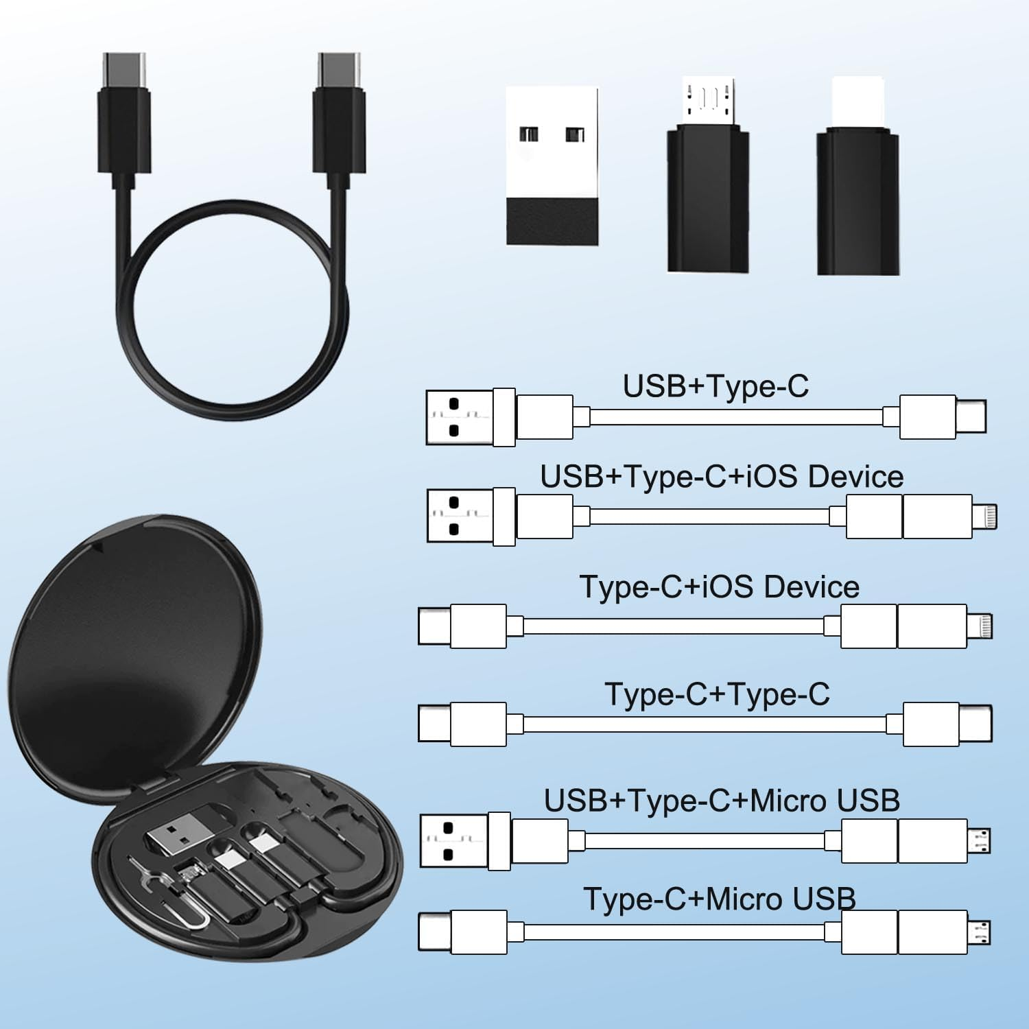 Multi USB Adapter Set, USB C to Lighting USB Converter Kit,Charging Cable Set USB a & Type C to Male Micro/Type C/Lighting for Data Transfer,Card Storage,Tray Eject Pin,Phone Holder-Black image number 2