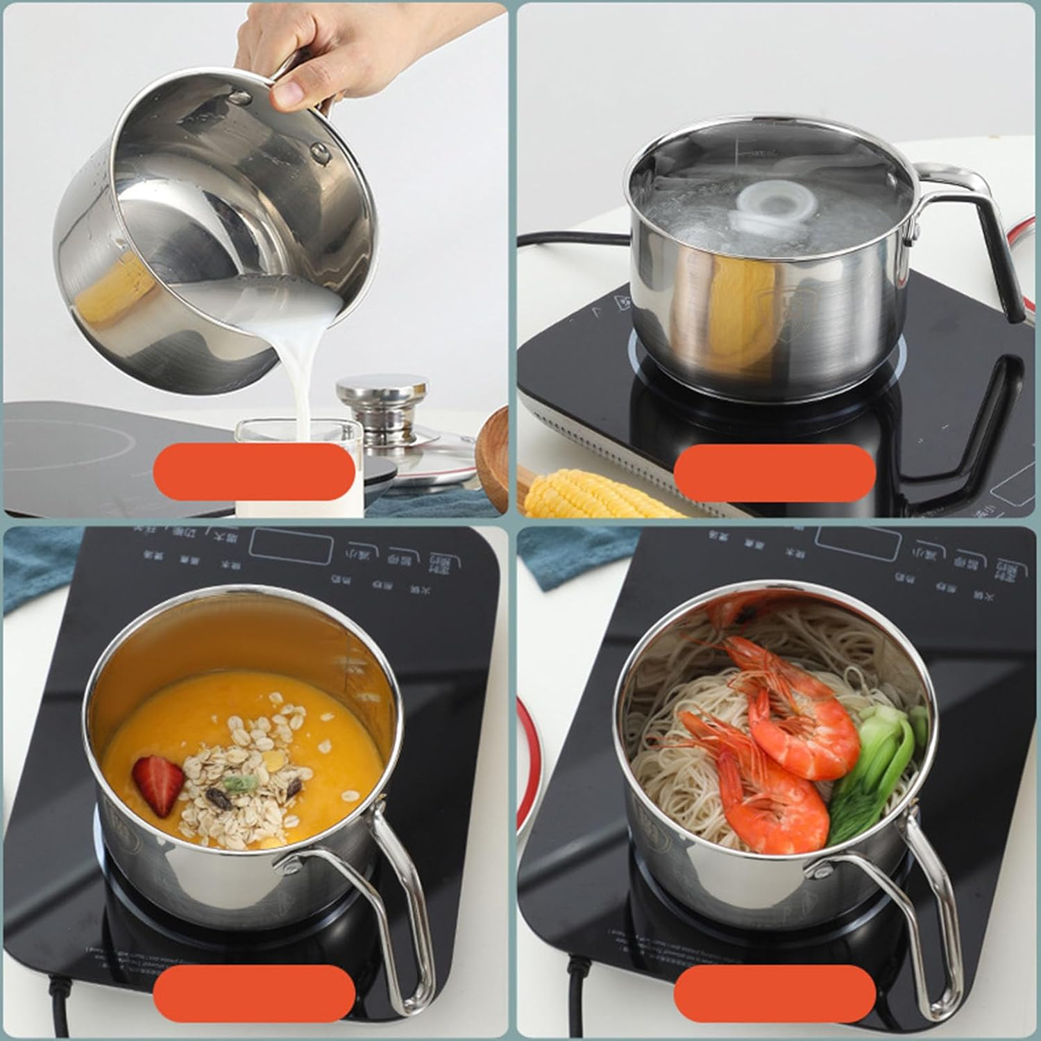 Omabeta Pack of 1 Stainless Steel Sauce Pan with Glass Lid and Handle, 16Cm Stainless Steel Cooking Pot for 1-2 Person, Thickened Base for Even Heating, Ideal for Home Kitchen and Camping Use image number 4