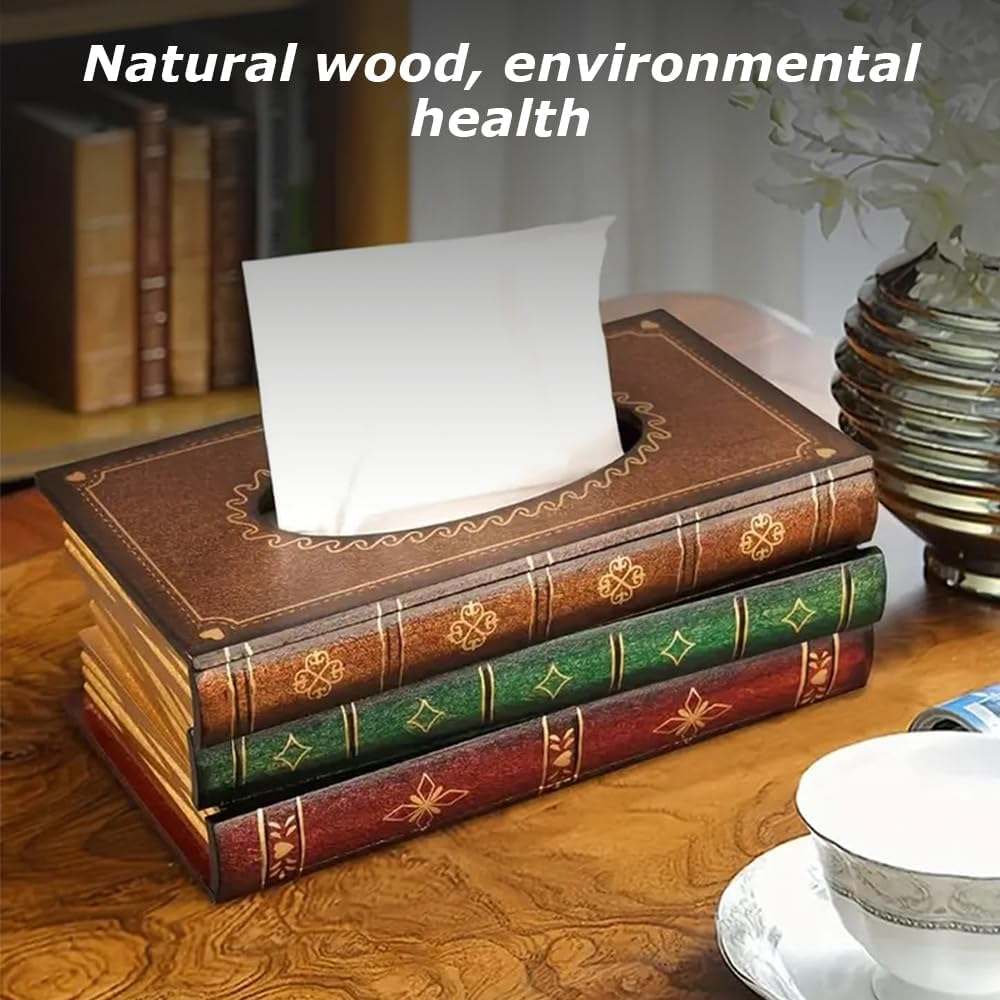 Square Tissue Box Holder with Durable Material, Antique Book Tissue Holder Dispenser, Retro Wooden Antique Book Tissue Box, Decor for Bathroom, Living Room, Office, Car, Kitchen image number 6