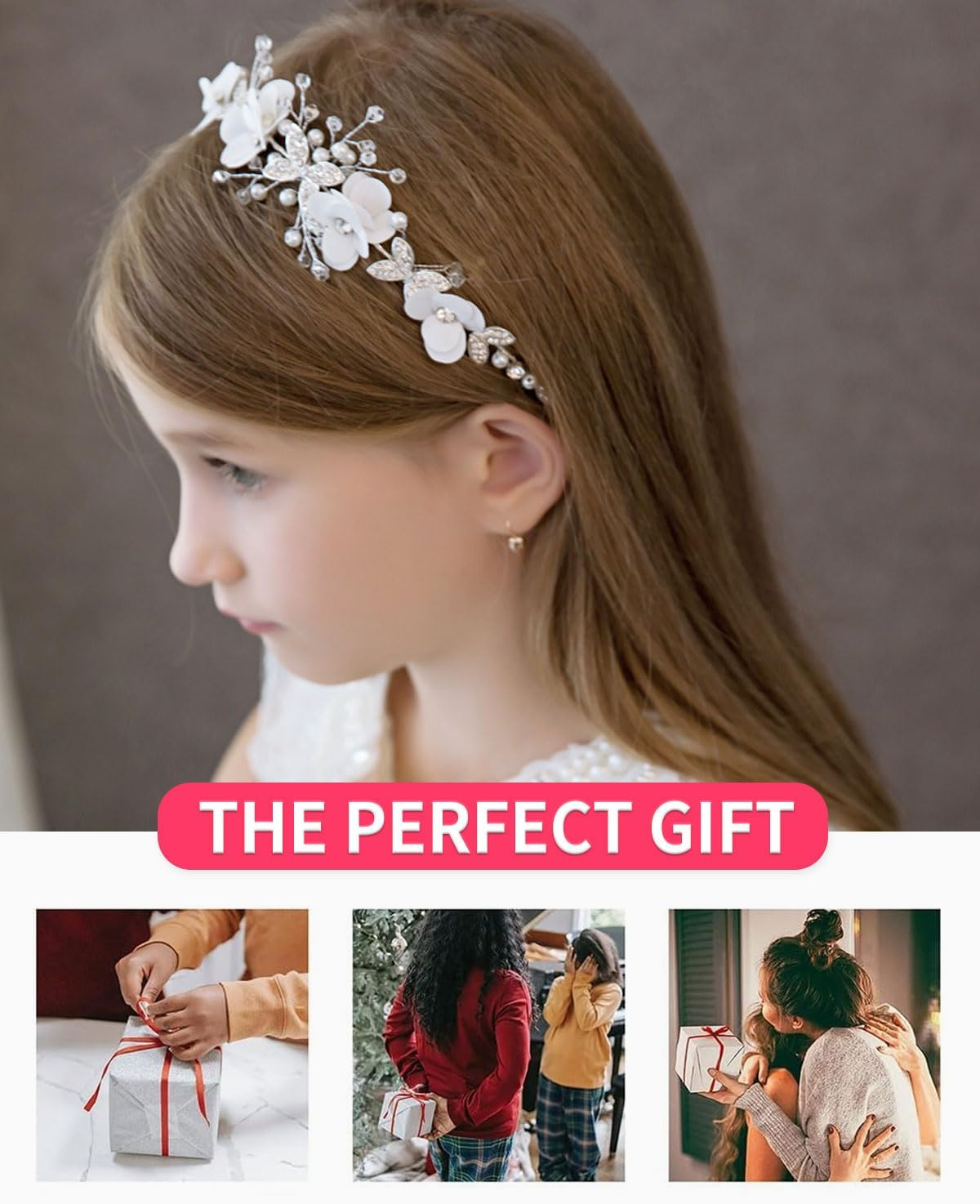 BPTRKOM 1 X Princess Flower Headpiece Pearl Hair Dress Crystal Bridal Wedding Hair Accessories Flower Bride Hair Accessories for Girls Flower Girl (White) image number 2