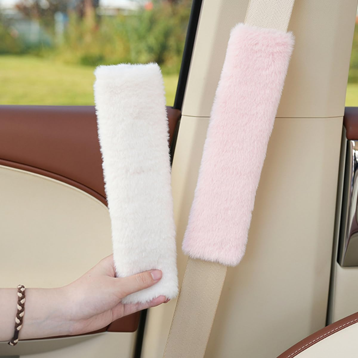 AIMALL 2 PCS Soft Faux Polyester Car Seat Belt Shoulder Pads, Winter Harness Protector Cover, 9.45 X 2.76 Inches, Available in Pink, Black, White, Milk Tea, Grey