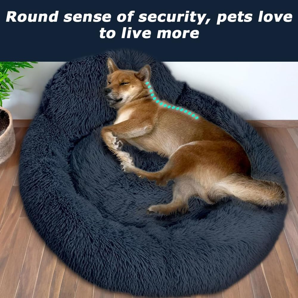 MOTRAIN Calming Dog Bed & Cat Bed, Donut Dog Bed for Small, Medium Dogs, Anti-Slip & Washable round Dog Bed, Fluffy Faux Fur Plush Dog Cat Cushion Bed, 23.6Inch, Deep Grey image number 2