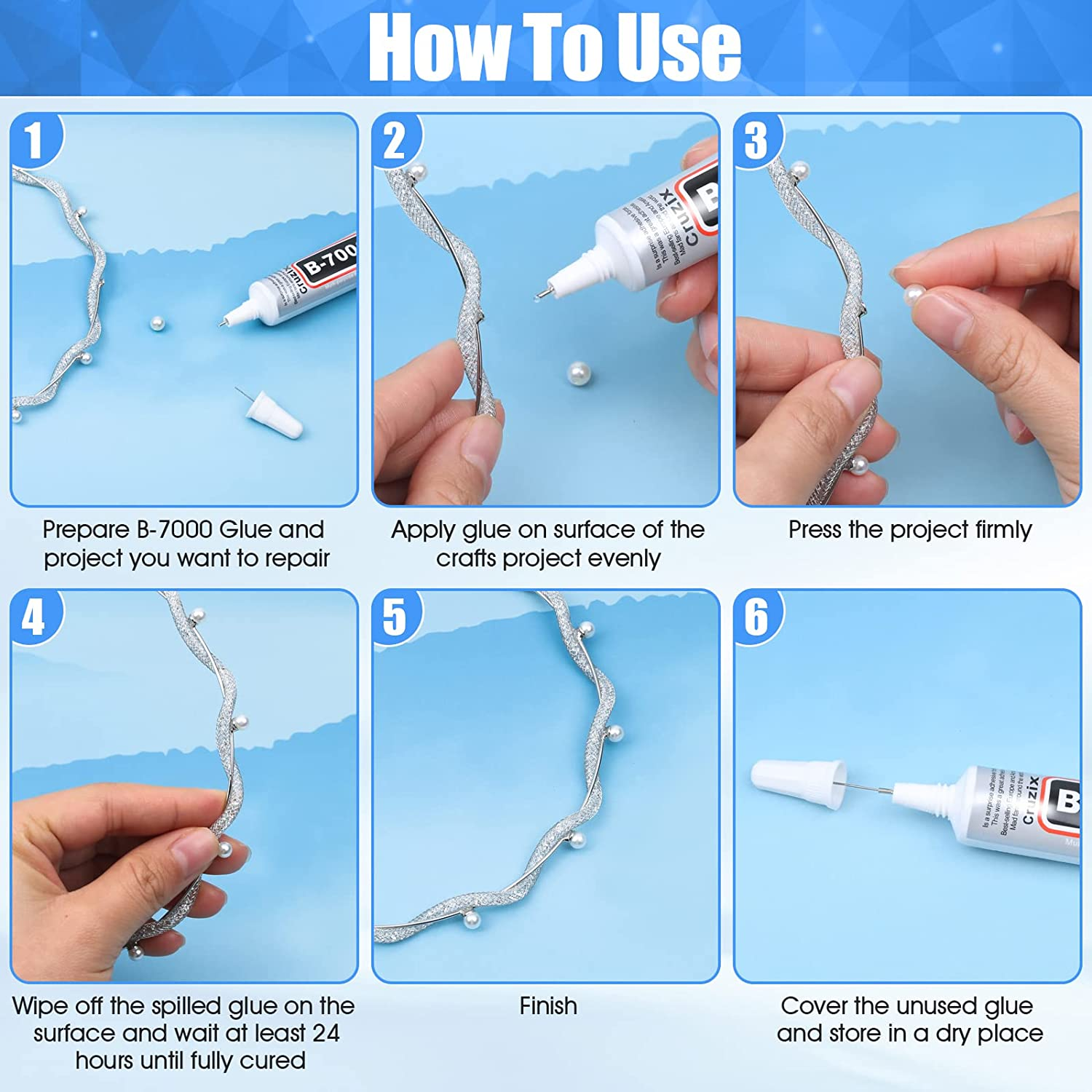 Cruzix B-7000 Glue Clear for Rhinestone Crafts, Jewelry and Bead Adhesive B7000 Semi Fluid High Viscosity Glues for Clothes Screen Repair Metal Stone Nail Art Glass (4X15 Ml/0.5 Oz) image number 6