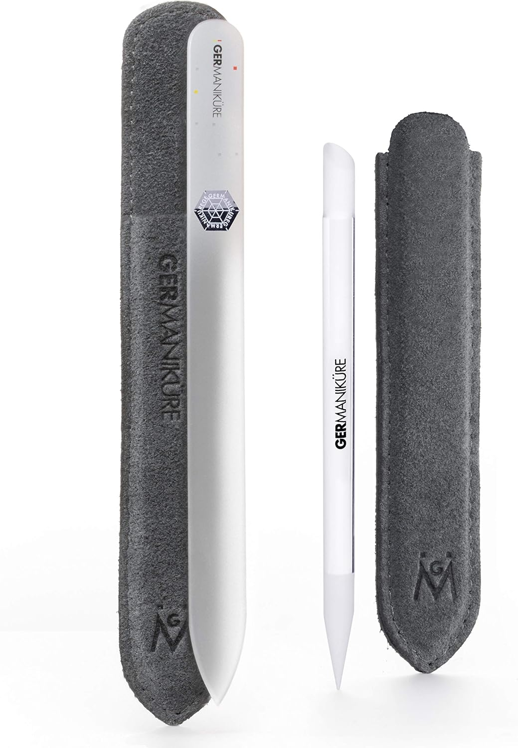 GERMANIKURE Crystal Glass Cuticle Stick & Black Nail File Set in Suede Sleeves &ndash; Handmade in Czech Republic &ndash; Professional Manicure Supplies &ndash; Cuticle Pusher, Callus Remover - Ideal Nail Care Gift