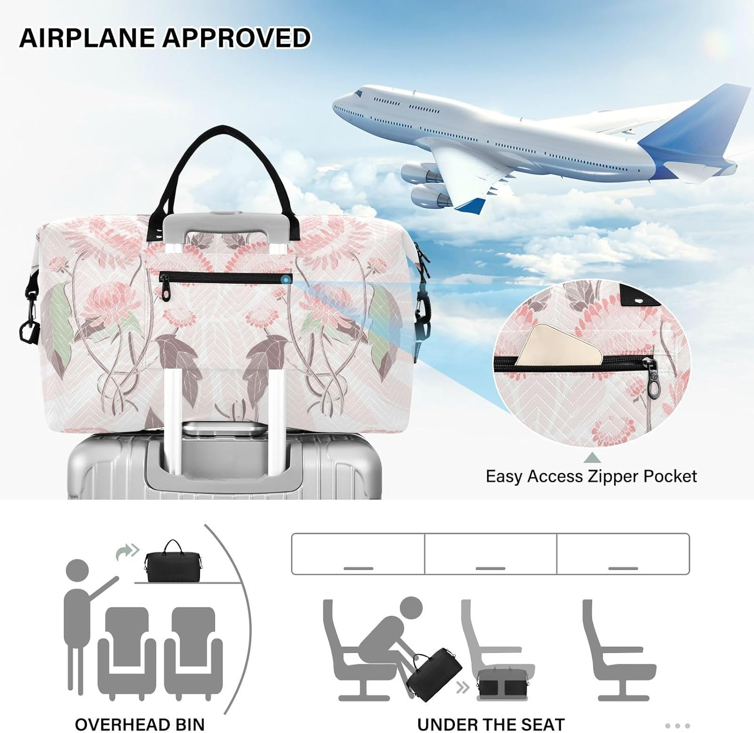 Vintage Peach Flowers Duffel Bags Carry on Bag Workout Bag with Toiletry Bag for Workout Waterproof, Vintage Peach Flowers, 1 Size image number 3