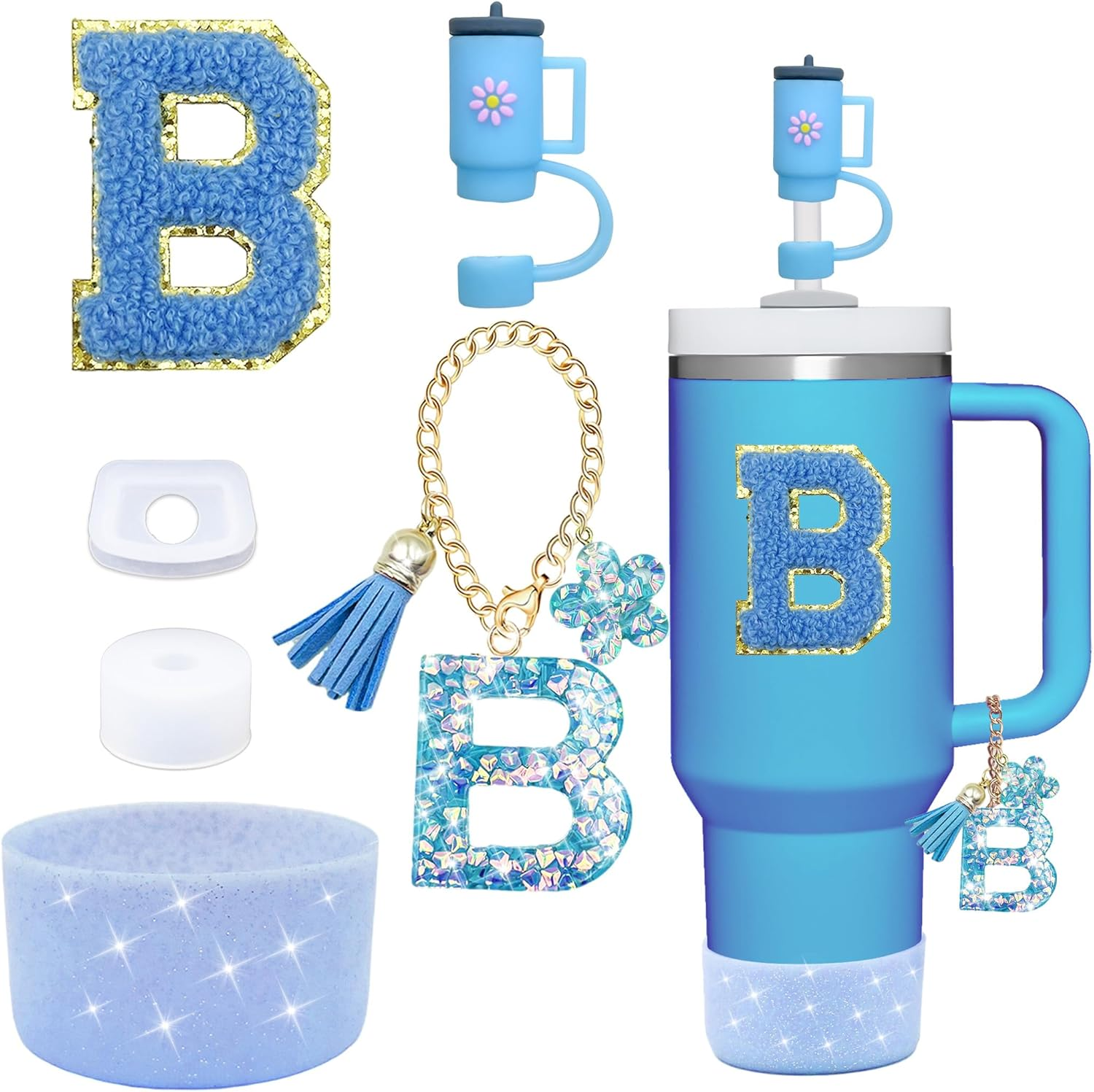 6PCS Cup Accessories Set for Stanley Cup 30Oz 40Oz Tumbler with Handle, Including Silicone Straw Topper Cover Cap and Boot, Spill Proof Stopper, Handle Charm, Initials Sticker(Blue J)