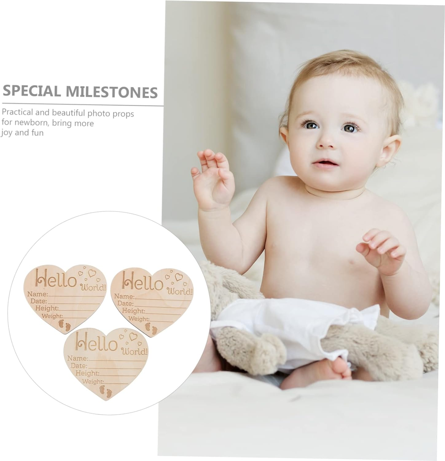 Hohopeti 3 Pcs Heart Shaped Name Sign Newborn Announcement Plaque for Nursery Decor Photography Props Smooth Polished Surface Durable and Safe image number 2