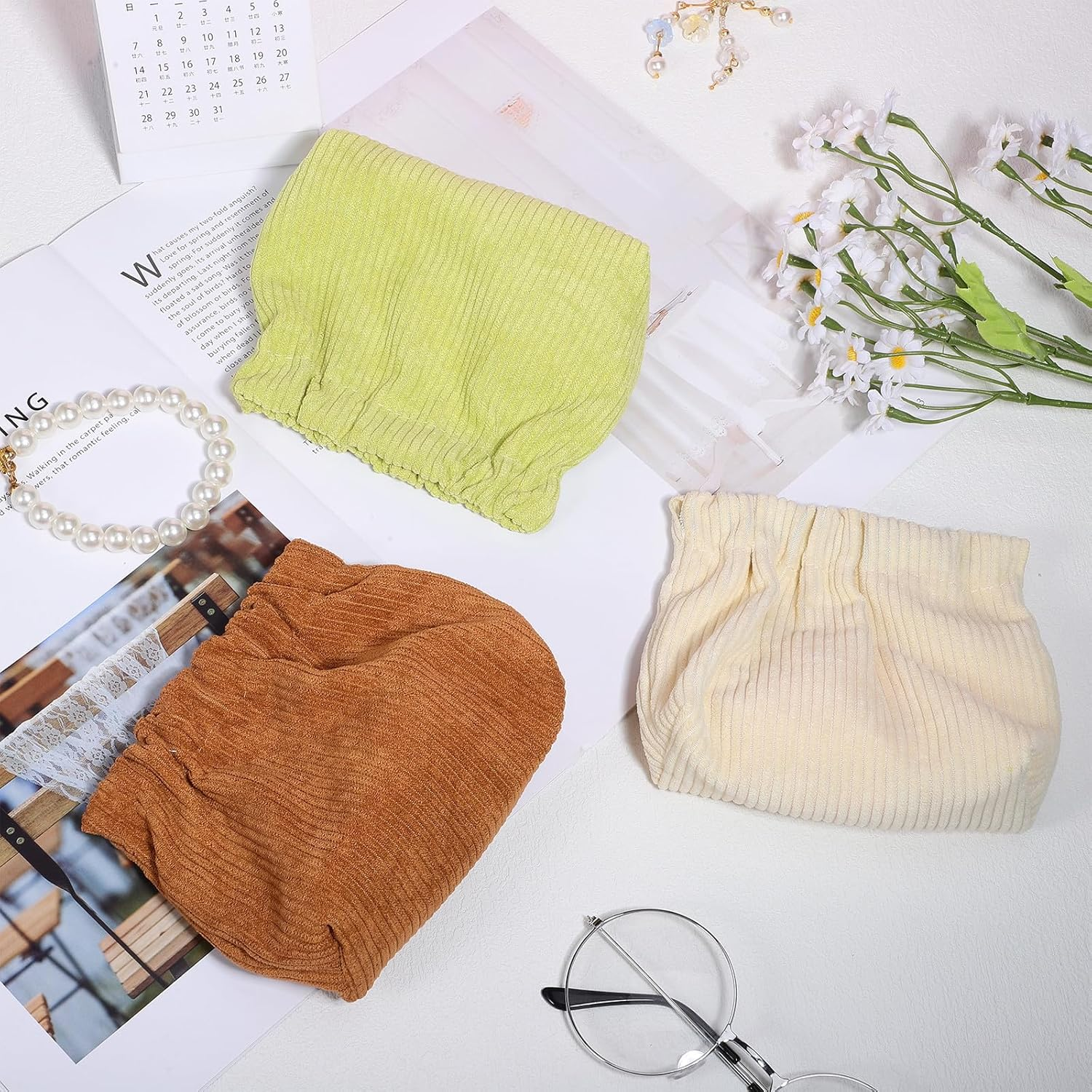 HAMPPLIES Corduroy Makeup Bag 6 Pcs Elastic Storage Pouch Jewelry Organizer Portable Cosmetic Bag for Women Travel Daily Use