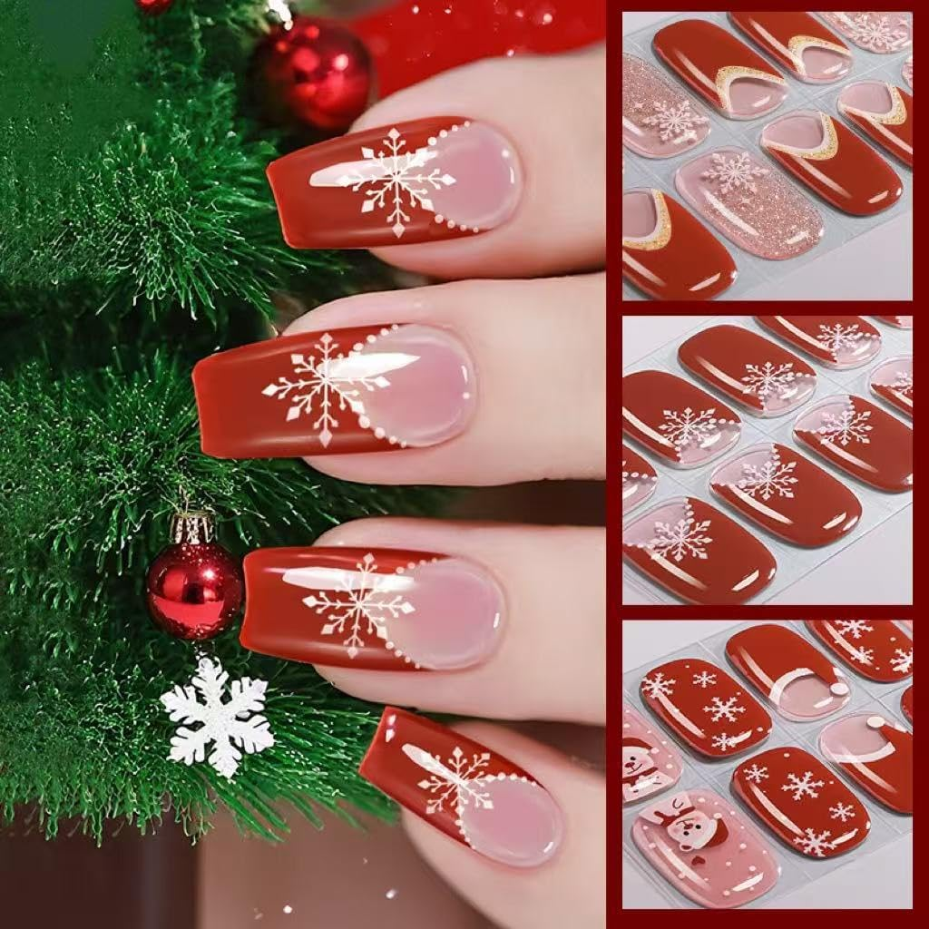 Amiiba 16Pcs Pink Glitter Christmas Tree French No-Baked Gel Nail Wraps,Waterproof Salon-Quality Self-Adhesive Nail Stickers for Women Girls, No UV/LED Lamp Needed (Lasts 14-28 Days) (Pink Glitter) image number 1