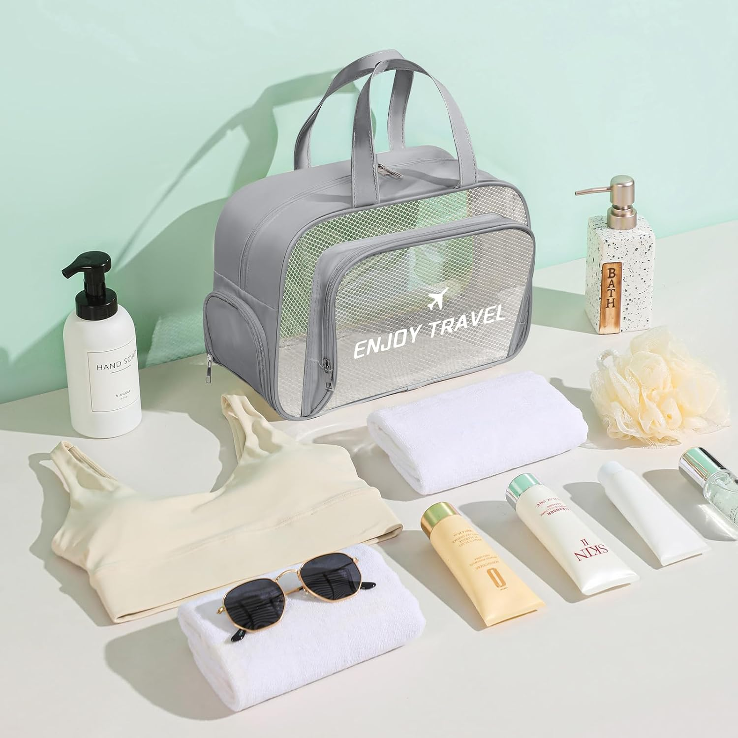 Waterproof Makeup Bag, Large Transparent Handbag, Moisture-Proof, Water-Proof, Sand-Proof, with Shoe Compartment, Suitable for Gyms, Swimming Pools, Beaches and Summer Vacations (Gray) image number 4