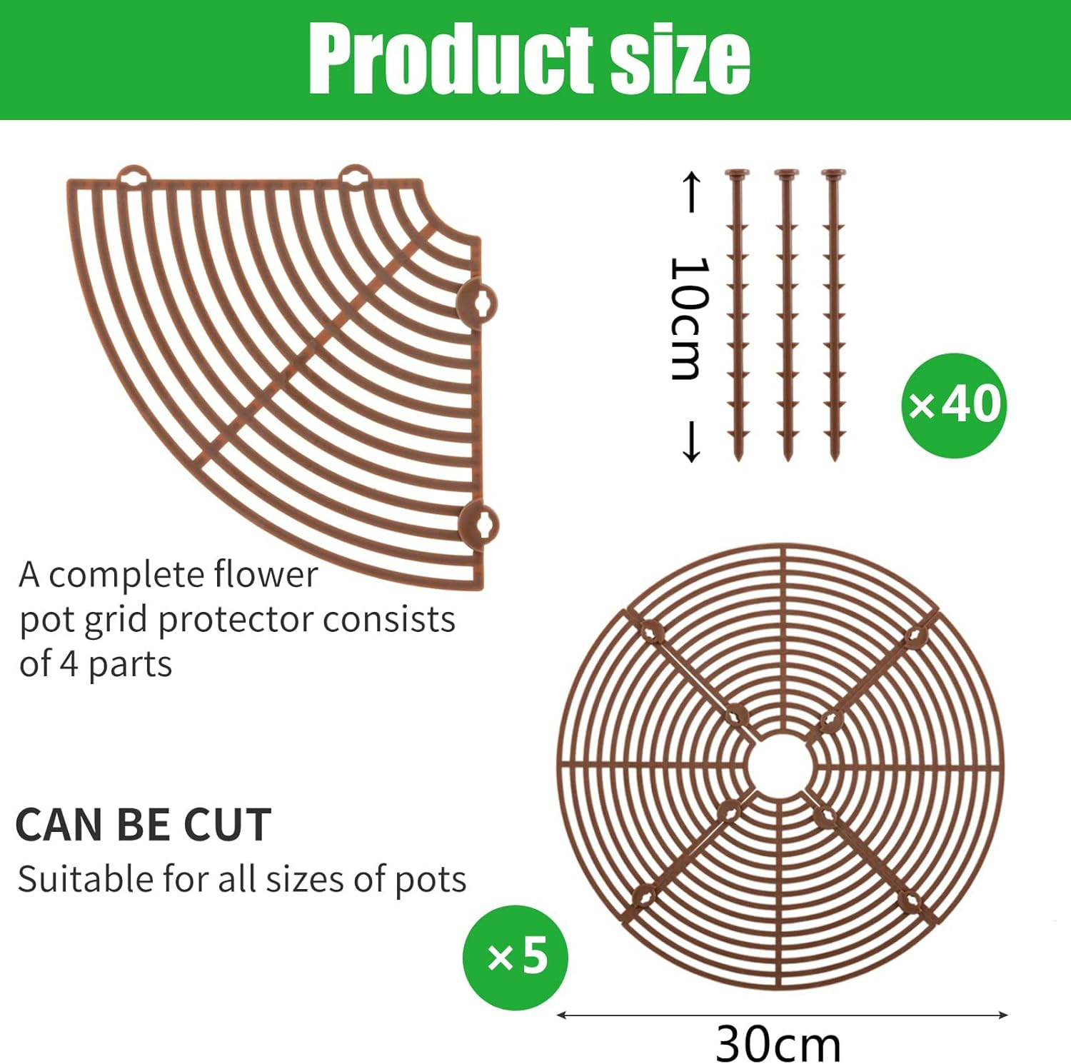 5 Pcs Plant Pot Grid Cover Protectors from Animals- Diameter 30Cm Cuttable Flower Pot Cover with 40 Stakes, Keep Cats Out of Potted Plants (Rotundity)