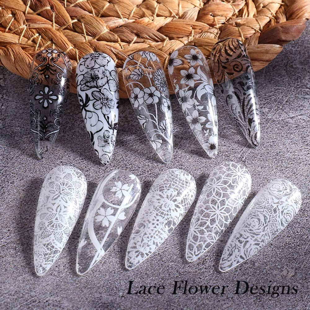 Lace Nail Art Foil Transfer Stickers Black White Flower Foil Transfers Decals Nail Supplies Starry Sky Lace Flowers Nail Foils Nail Art Adhesive Transfer Foils Sticker for Women Girls Manicure Tips image number 2