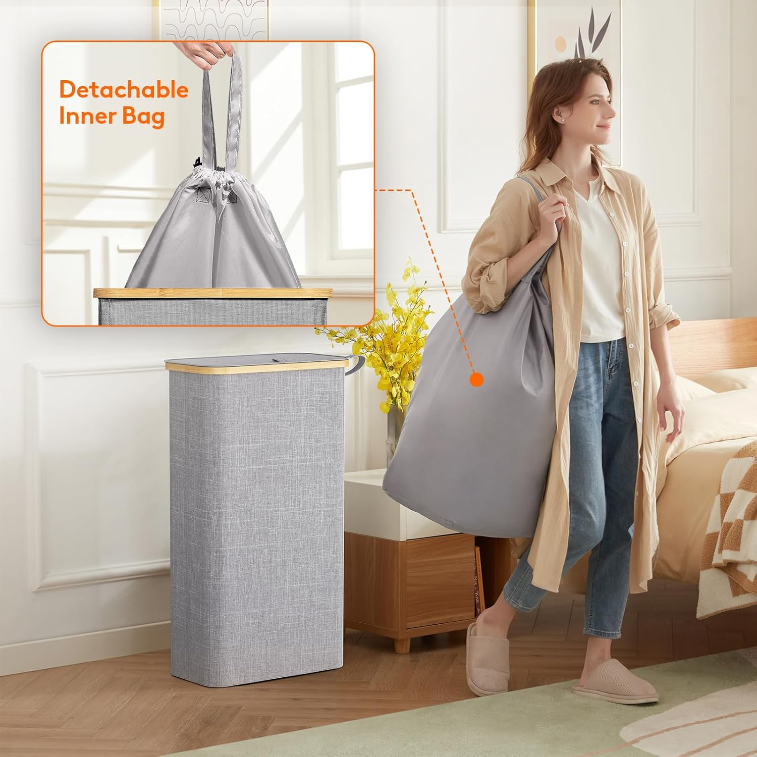 Lifewit 65L Slim Laundry Hamper with Lid, Narrow Laundry Basket with Removable Bag & Bamboo Handles, Fodable Thin Dirty Clothes Hamper for Laundry Collapsible Bin for Bathroom Bedroom Dorm, Gray image number 2