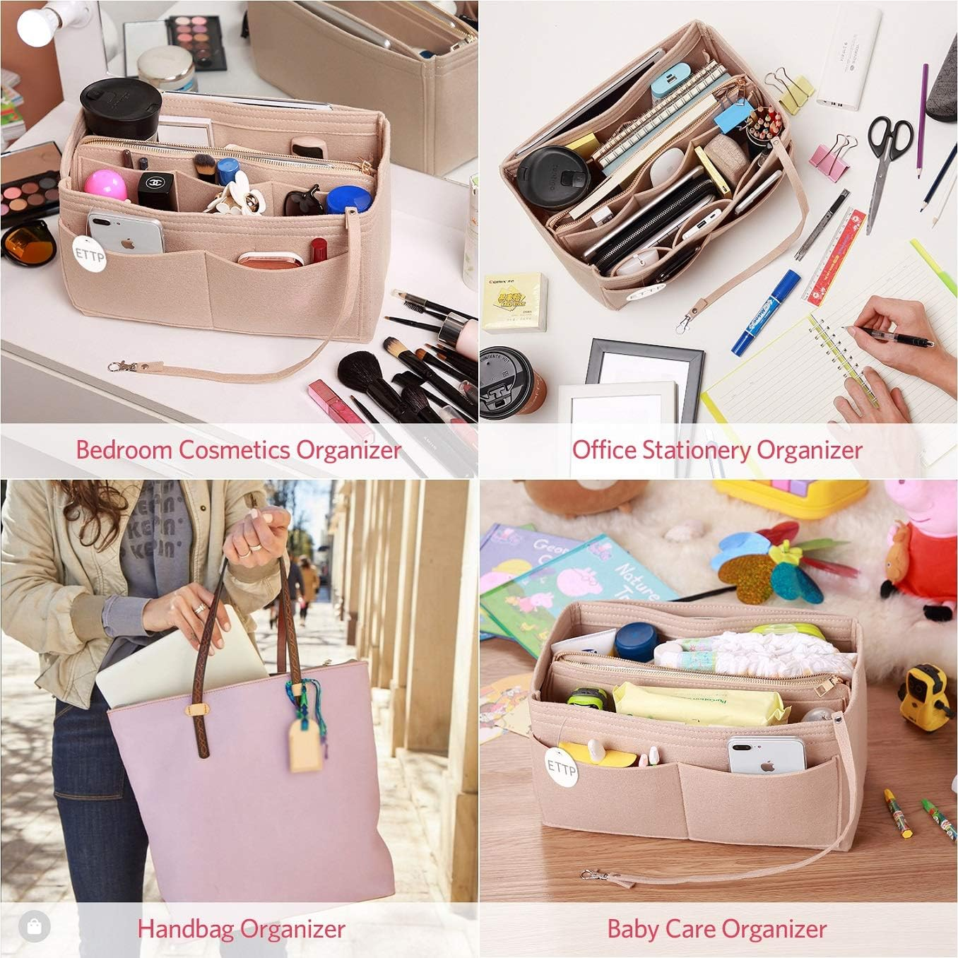 Purse Organizer Insert, Felt Tote Organizer Insert with Metal Zipper, Handbag Organizer for Speedy, Neverfull, Tote, Handbag, 7 Colors 5 Sizes, Beige, X-Large image number 1