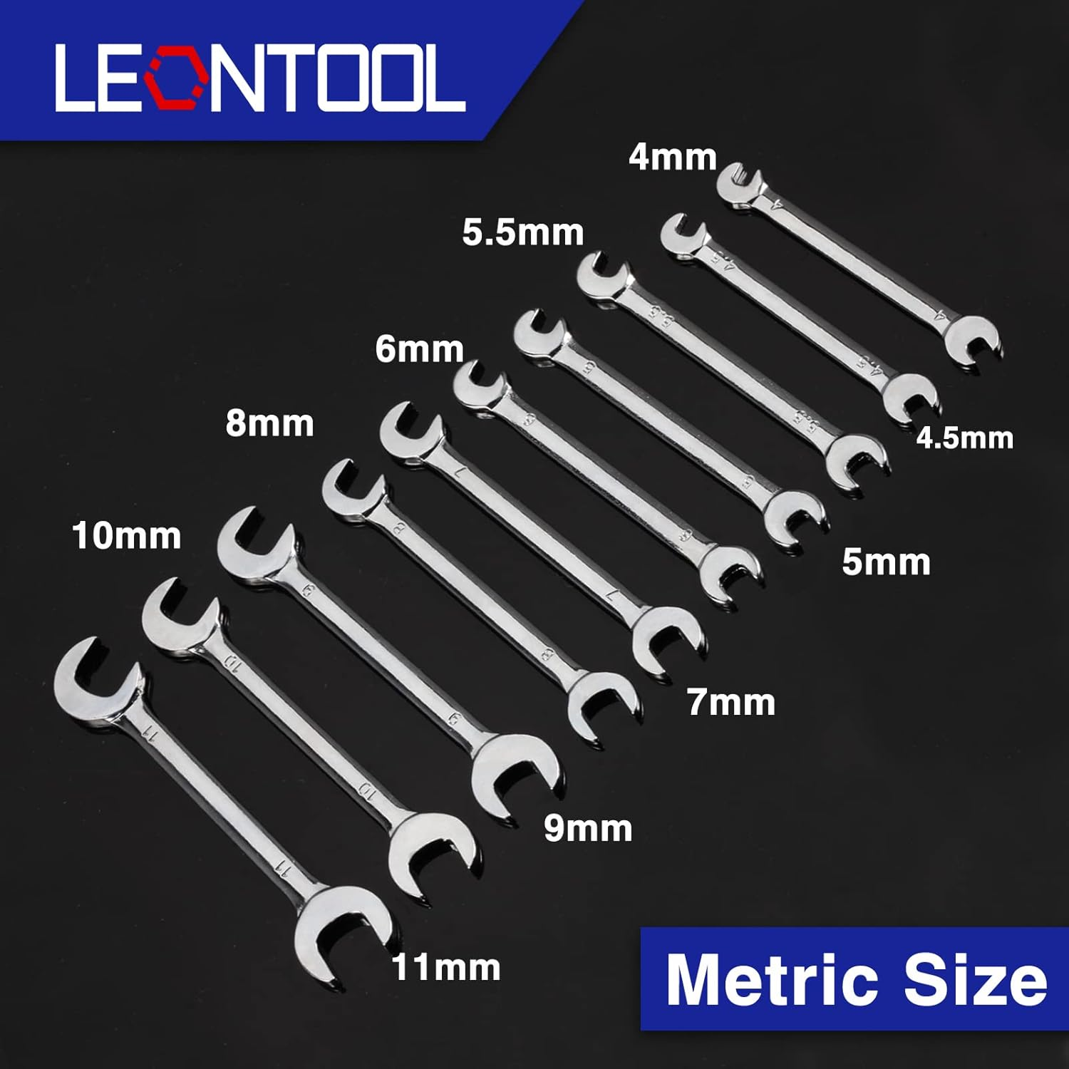 LEONTOOL Mini Double Open End Wrench Set Metric 10 Pcs 4Mm to 11Mm with Portable Storage Pouches Mirror Chrome Finish Super Thin Open Ended Spanner Double Angle Head for Small Fasteners image number 1
