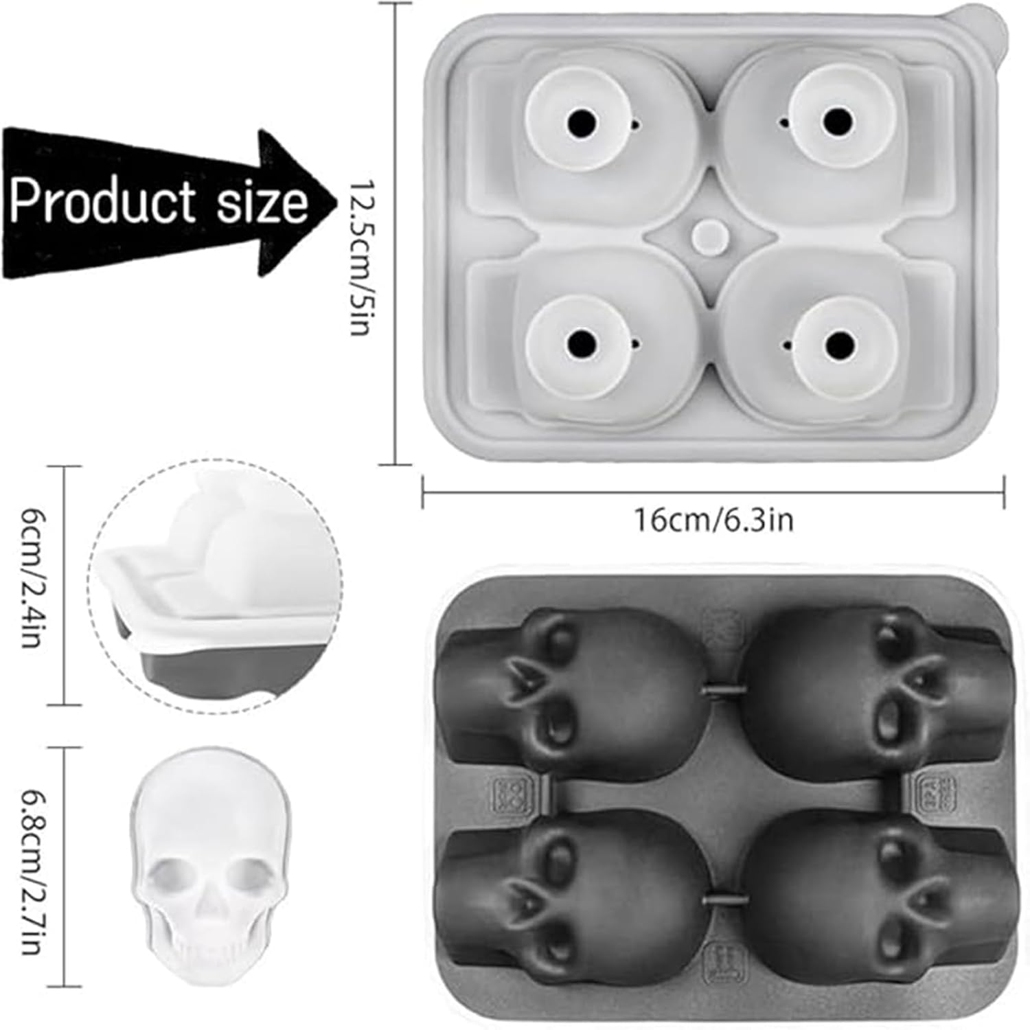 4 Cavity 3D Skull Ice Cube Mold,Easy Release Silicone Mold， for Whiskey,Easy Release Silicone Mold，Bourbon, Cocktails and Juice(Black) image number 4