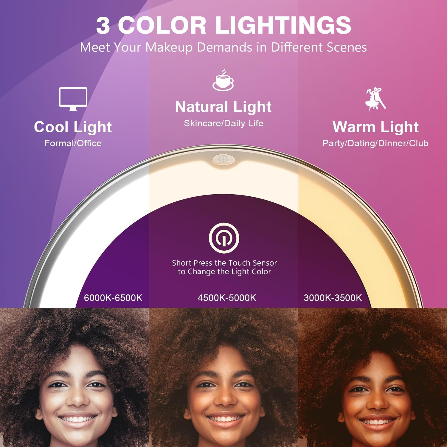 Auxmir Cosmetic Mirror with 30X Magnification, 2000 Mah LED Make-Up Mirror with Lighting, 3 Light Colours and Strong Suction Cup, 8 Inch Magnifying Mirror with Light, Dimmable Shaving Mirror For image number 4