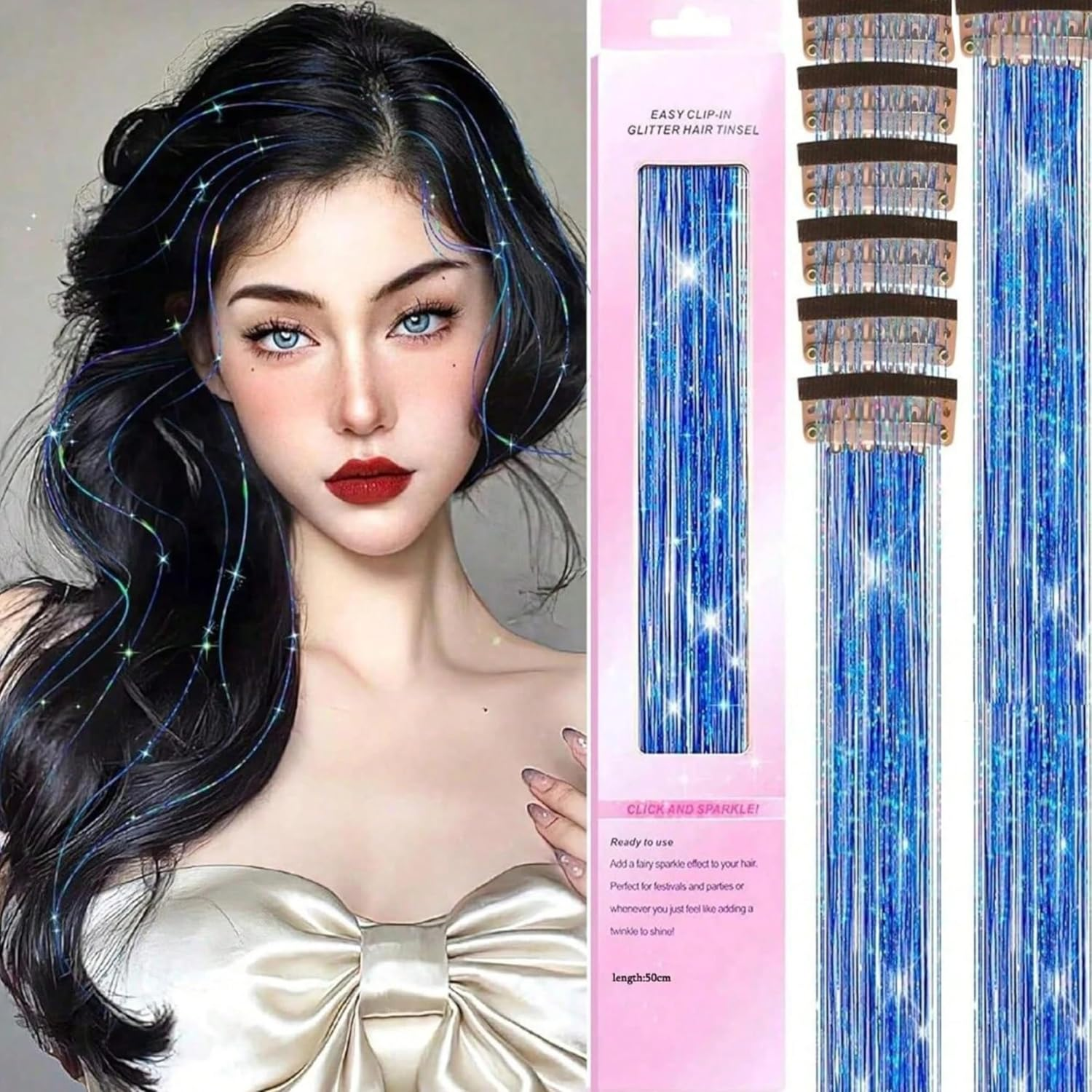 6 Pieces Clip in Glitter Tinsel Hair Extensions. Festival, Party, Dress Up, Glamour, Glitter 20 Inches - Heat Resistant (Bright Blue)