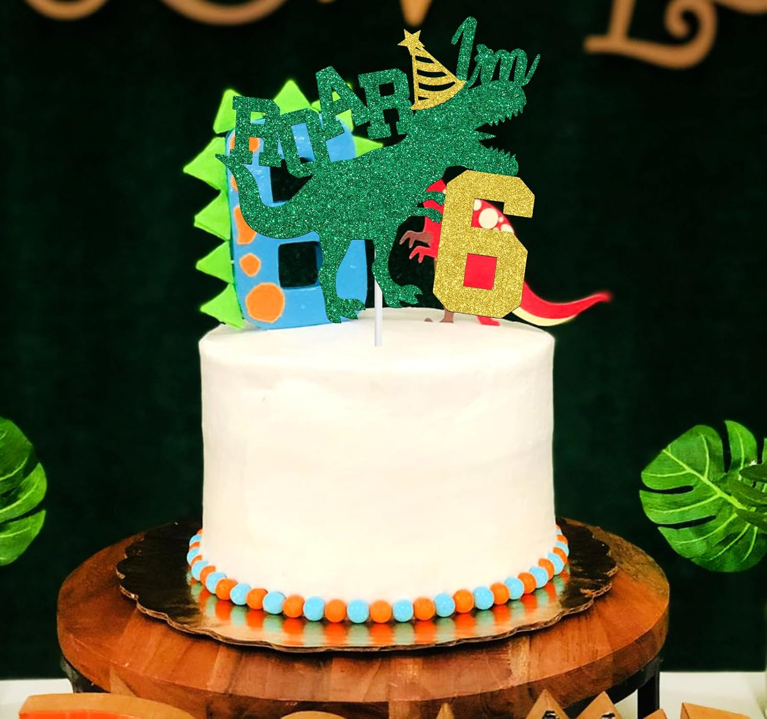 Ferburitar Roar I'M 6 Cake Topper, Dinosaur Jungle Safari Cake Topper for Boys Girls, Happy 6Th Birthday Party Decorations Supplies for Kids, Gold and Green Glitter image number 4