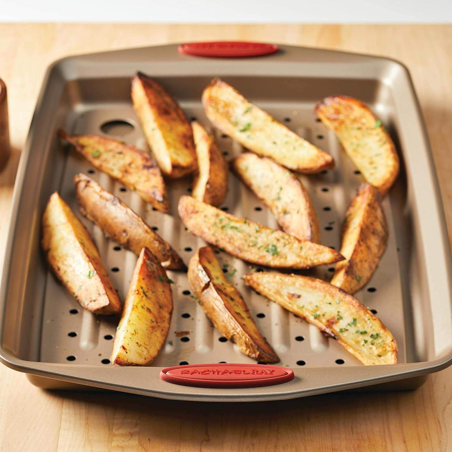 Rachael Ray 2 Piece Cucina Nonstick Bakeware Crisper Pan Set, Latte Brown with Cranberry Red Handle Grips image number 2