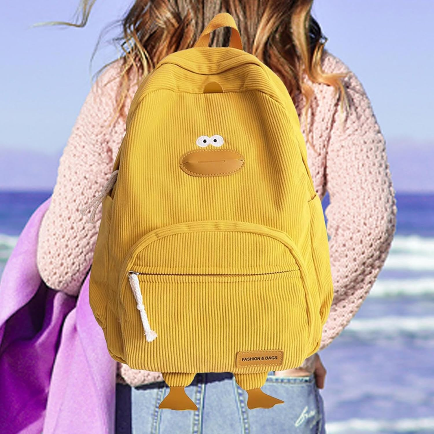 Novelty Duck Backpack, Funny Animal Cartoon Corduroy Backpack Kaw-Aii Aesthetic Laptop Backpacks Preppy Stuff Travel Laptops Bag Large Outdoor Waterproof Casual Daypacks for Cell Phone Laptop Books - Black image number 6