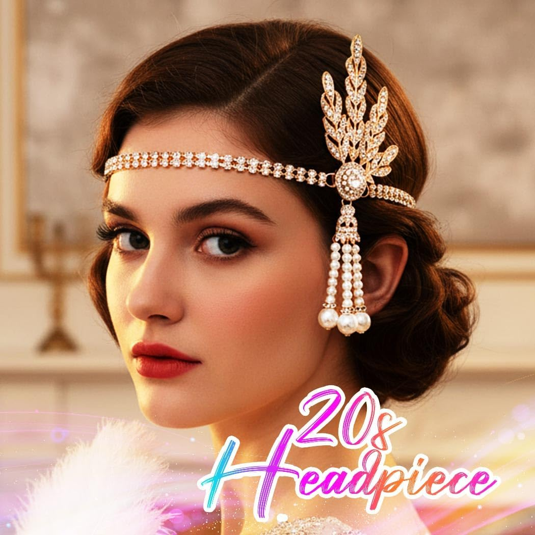 GORTIN 1920'S Flapper Headband Leaf Rhinestone Headpiece Pearl Headdress Bridal Hair Accessories Head Chain for Women - Sliver image number 2