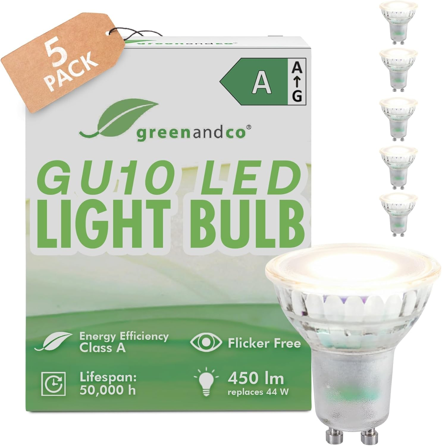 Greenandco 5 X LED Spotlights, GU10, 2.5 W, 450 Lm, 6500 K, Cold White, 36&deg;, 230 V, Flicker-Free, Energy Efficiency Class A, Not Dimmable