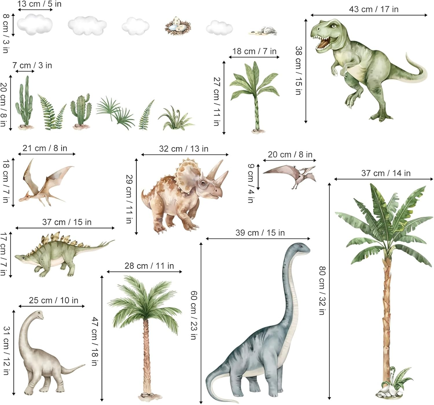 Wondever Large Dinosaur Wall Stickers Tropical Animal Dino Palm Tree Plants Wall Art Decals for Boys Room Baby Nursery Kids Bedroom (164 * 83Cm) image number 2