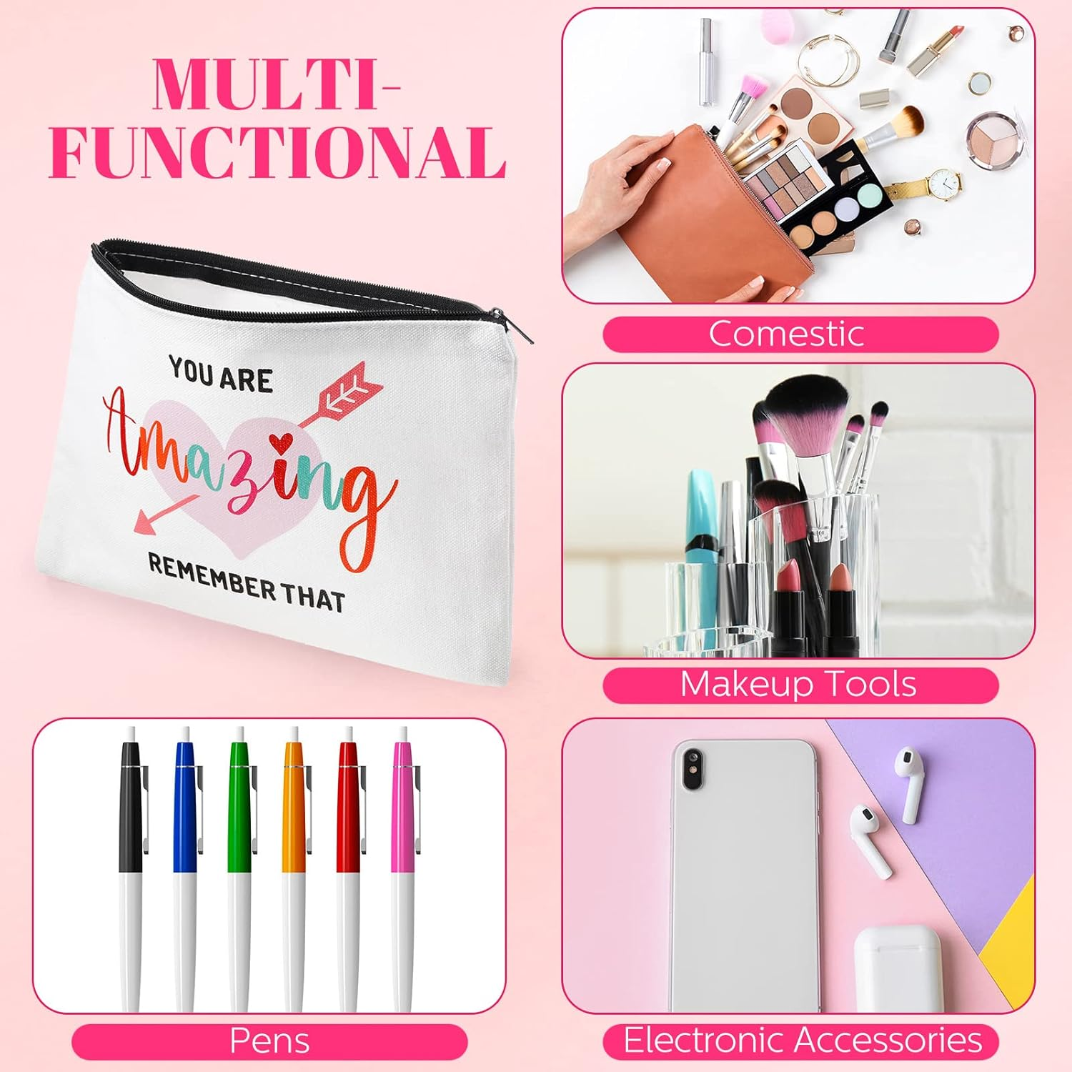 Chunful 10 Pieces Inspirational Canvas Makeup Bags for Women Bulk Rainbow Canvas Makeup Bags Cosmetic Bag with Zipper Friendship Gift Travel Toiletry Bag Pouch, White, Tree Style - Vintage Wildflowers image number 2