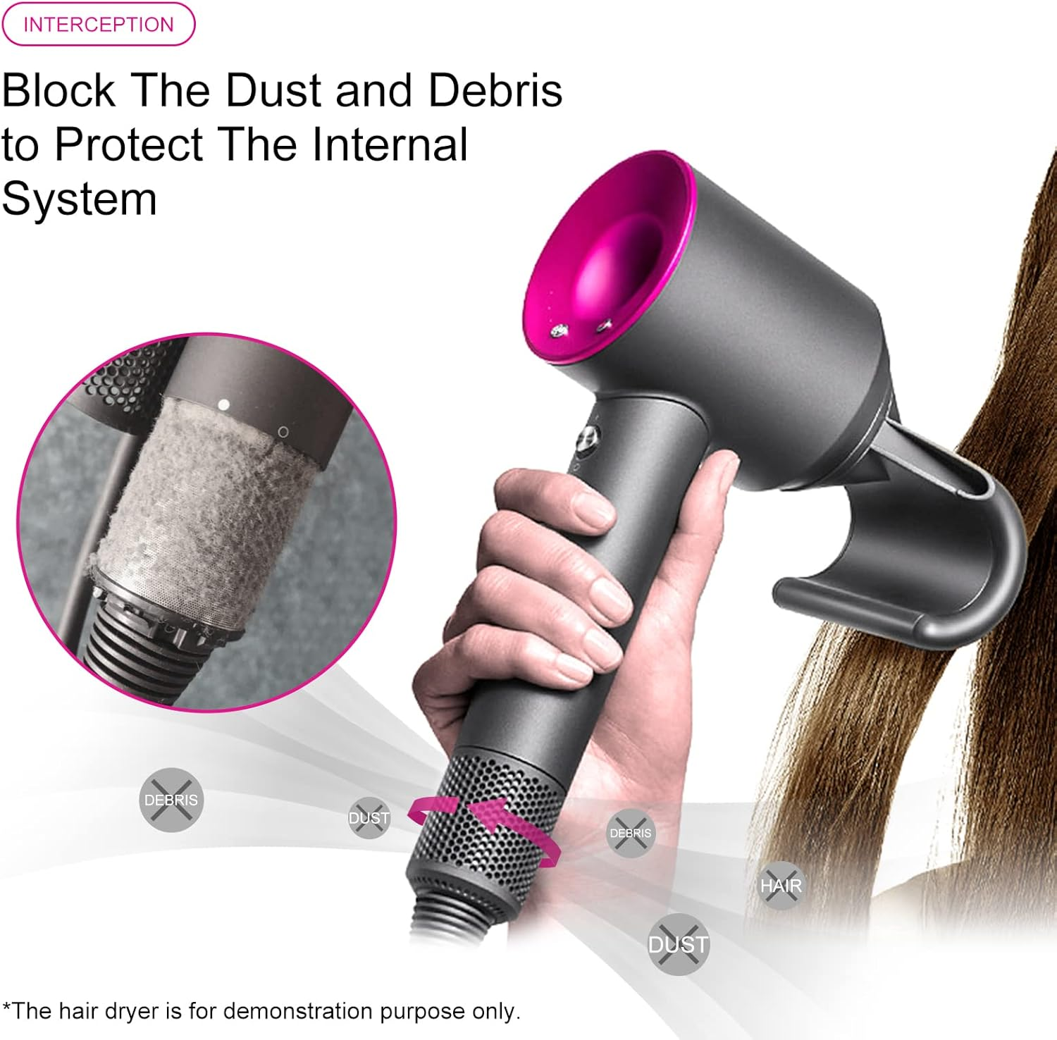 Hair Dryer Inner Filter + Outer Filter Cage Replacement for Dyson Hair Dryer HD01 HD03 HD08 Models, Hair Dryer Filter Mesh Filter Cover Cap Protect Attachments Easy Disassembly (Black)