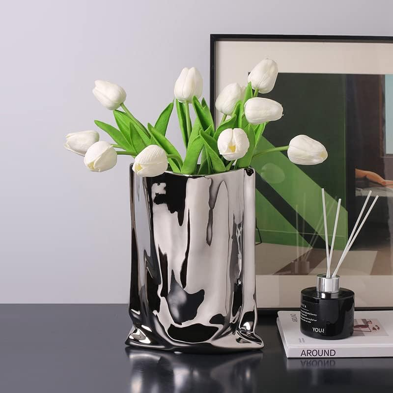Sliver Ceramic Vase - 9.1 Inch Tall Flower Vase Minimalist Nordic Style for Home Decor, Centerpiece Vases for Wedding Dinner Table Party Living Room Office Bedroom image number 3