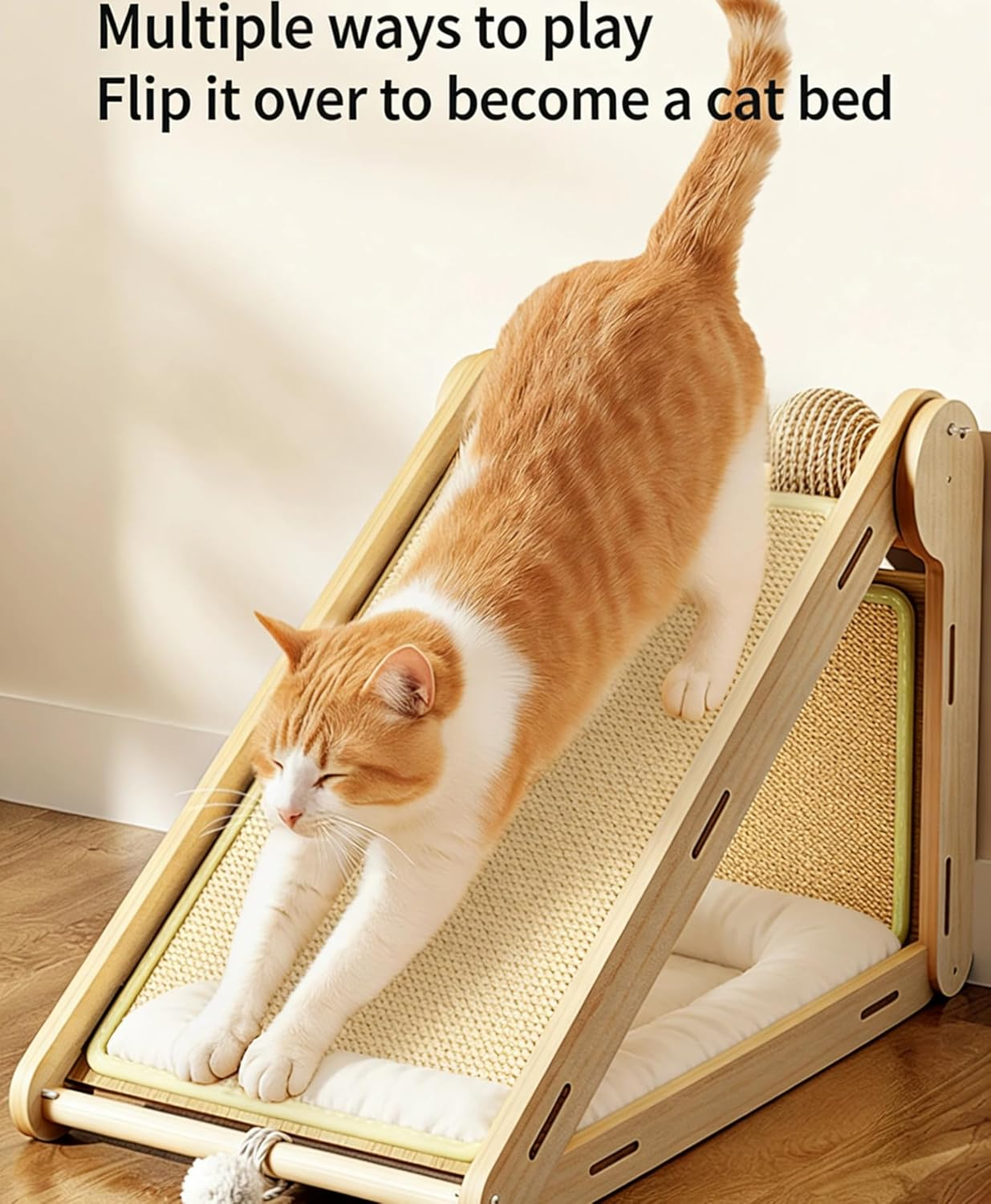 Larger Cat Scratching Board, L-Shaped Wooden Cat Scratcher Ramp for Indoor Cats,Vertical Cat Scratching Post with Rotatable Sisal Balls,Teaser Wand & 2 Chirping Fabric Birds,Sturdy Furniture Protector image number 2