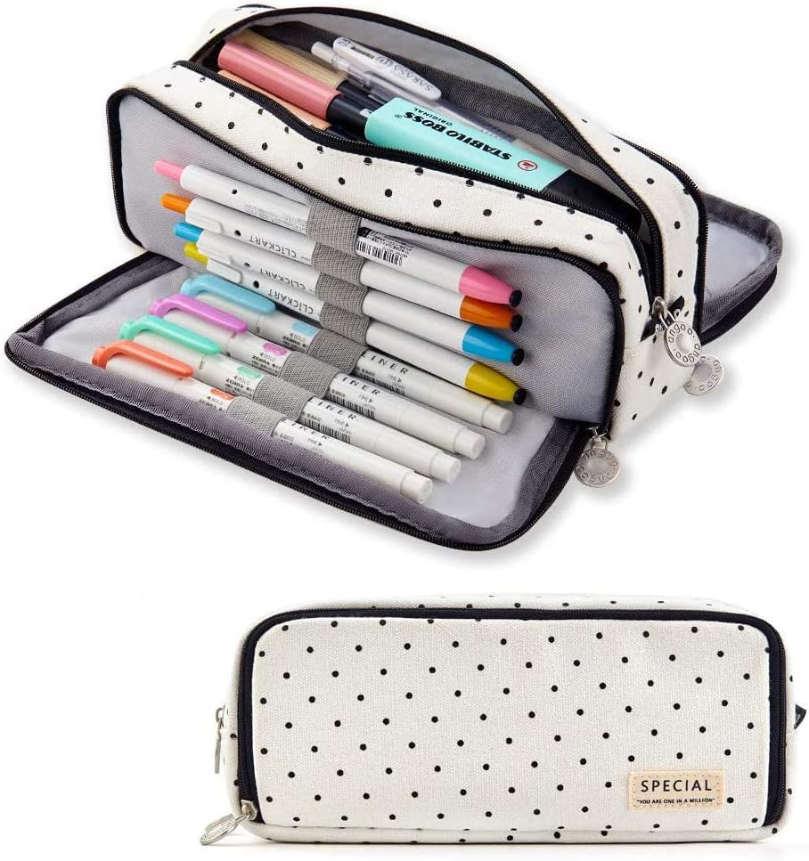 Sebeli Pencil Case Big Capacity 3 Compartments Pouch Stationery Art Pen Bag for Girls Teens Students School & Office Supplies - Plaid White