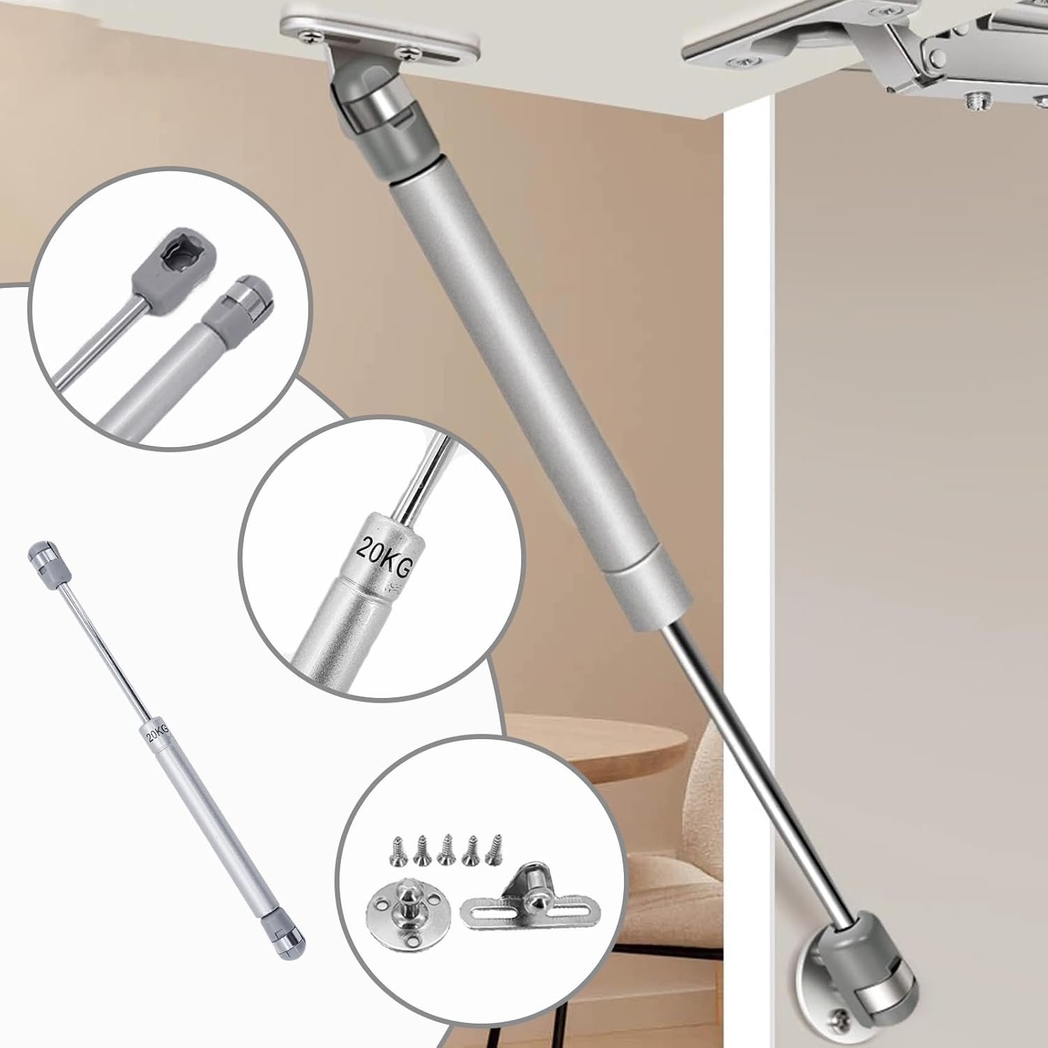 4 Pcs Gas Struts 200N, 20KG Gas Struts Heavy Duty Cabinet Door Hinges Gas Spring Strut Lift Stay Support Gas Strut for Kitchen Cupboard Wardrobe Cabinet Door, Silver