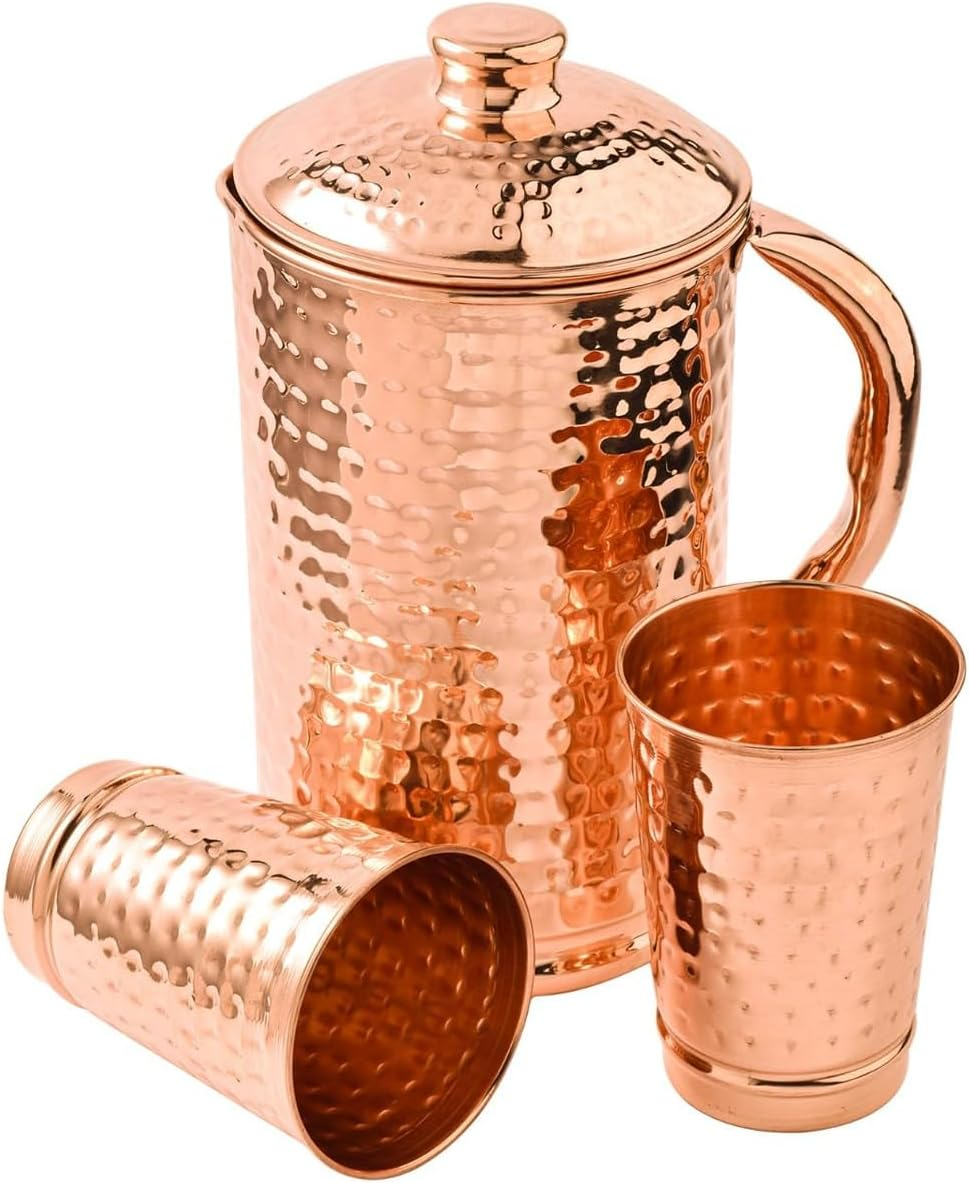 2Activelife Handmade Hammered Design Copper Water Pitcher with 2 Copper Cups | Traditional Copper Pitcher for Drinking and Serving Water in Daily Use (50.7 Fl Oz) image number 6