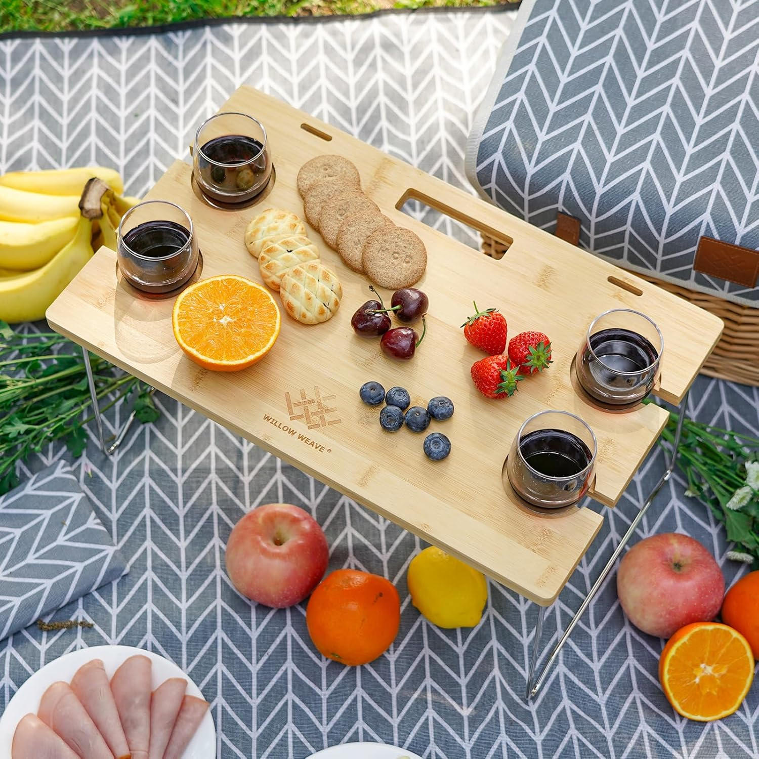 Luxury Picnic Basket, Wicker Picnic Set for 4, Picnic Hamper with Blanket & Portable Table for Camping and Outdoor Party - Gray image number 1