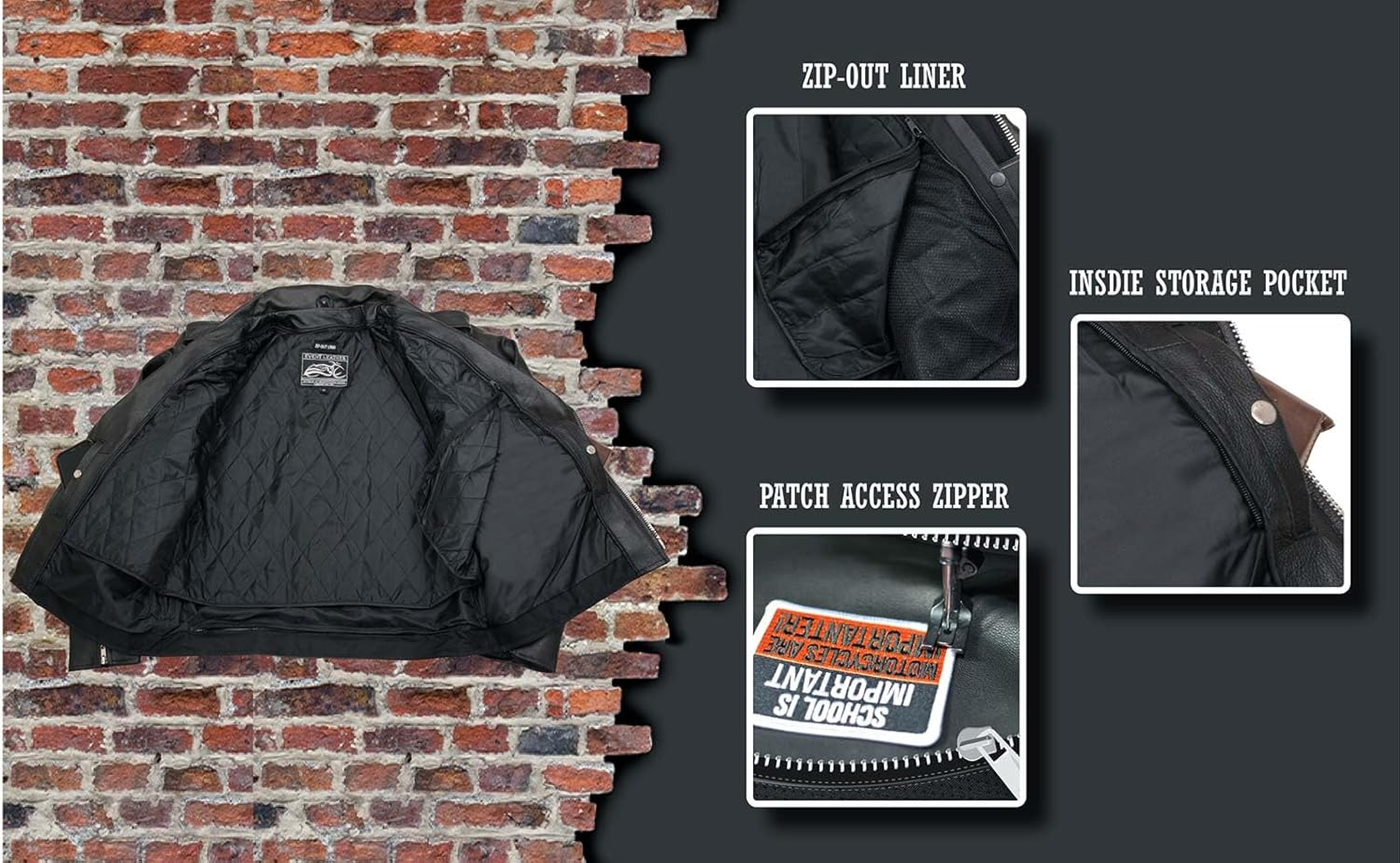 Event Biker Leather Mens EL5411 Black Classic Side Lace Jacket, Black, 4X-Large US image number 6